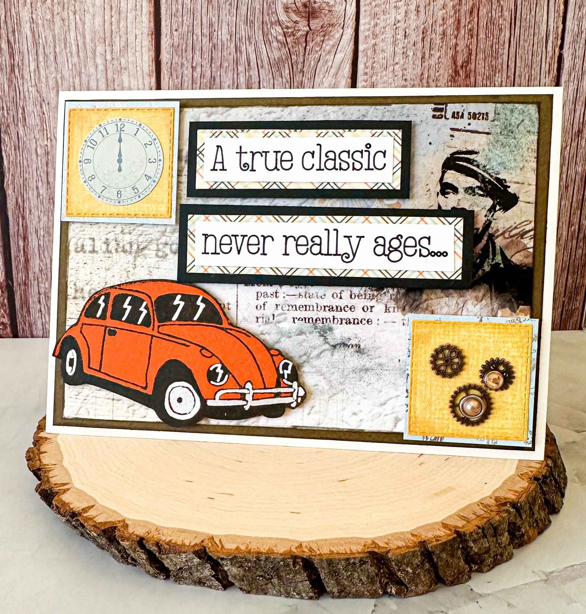 Farmhouse Whimsy classic car birthday greeting card with white background and vintage car illustration for celebration occasions.