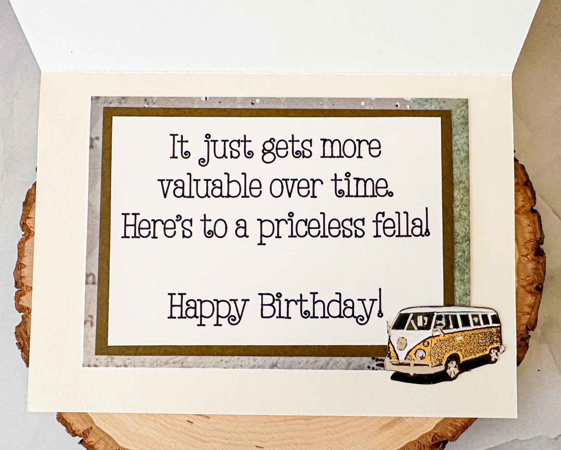 Farmhouse Whimsy classic car birthday greeting card featuring a vintage-style white car illustration on a festive background.
