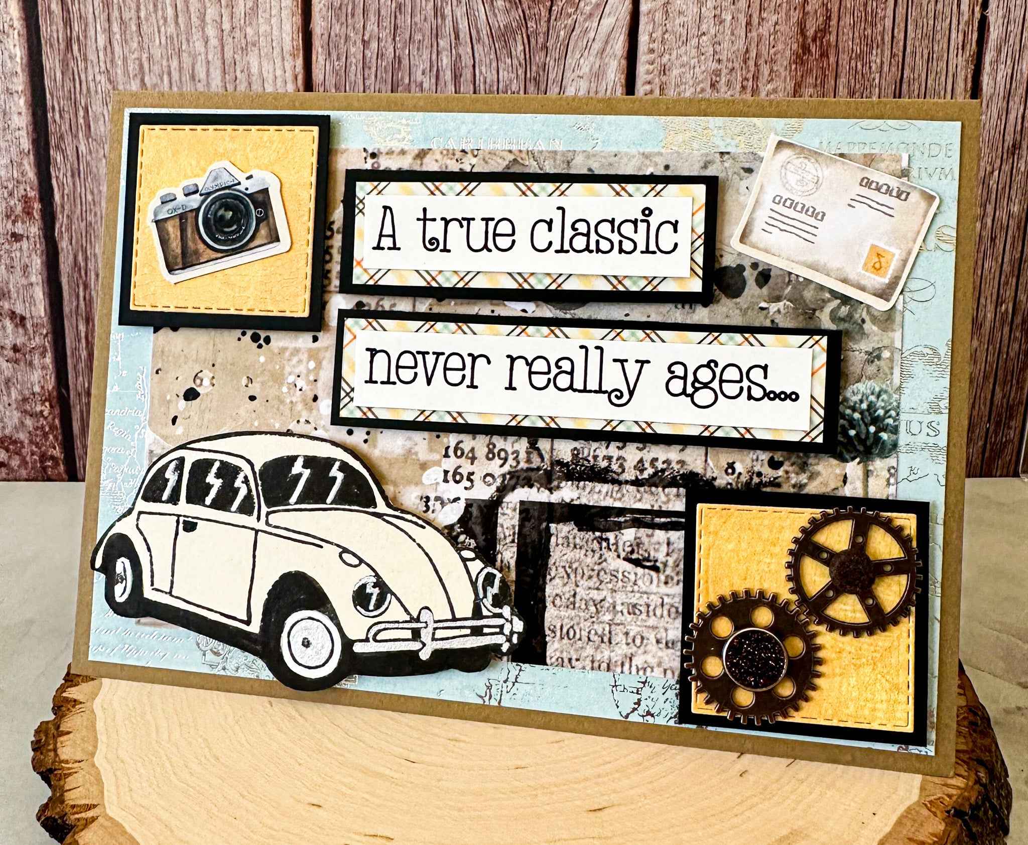 Farmhouse Whimsy classic car birthday greeting card with vintage white car illustration and cheerful design.