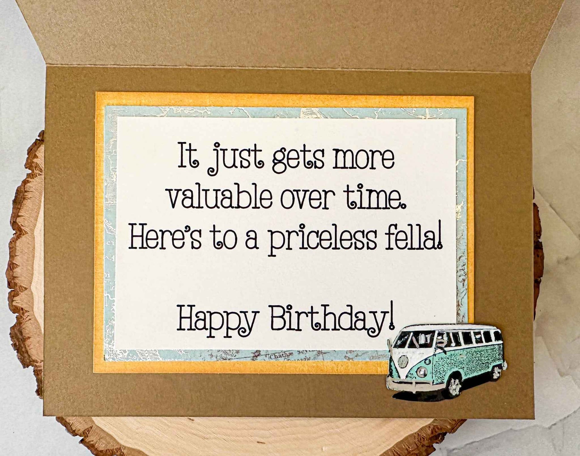 Farmhouse Whimsy classic car birthday greeting card featuring a vintage white car illustration on a charming background.