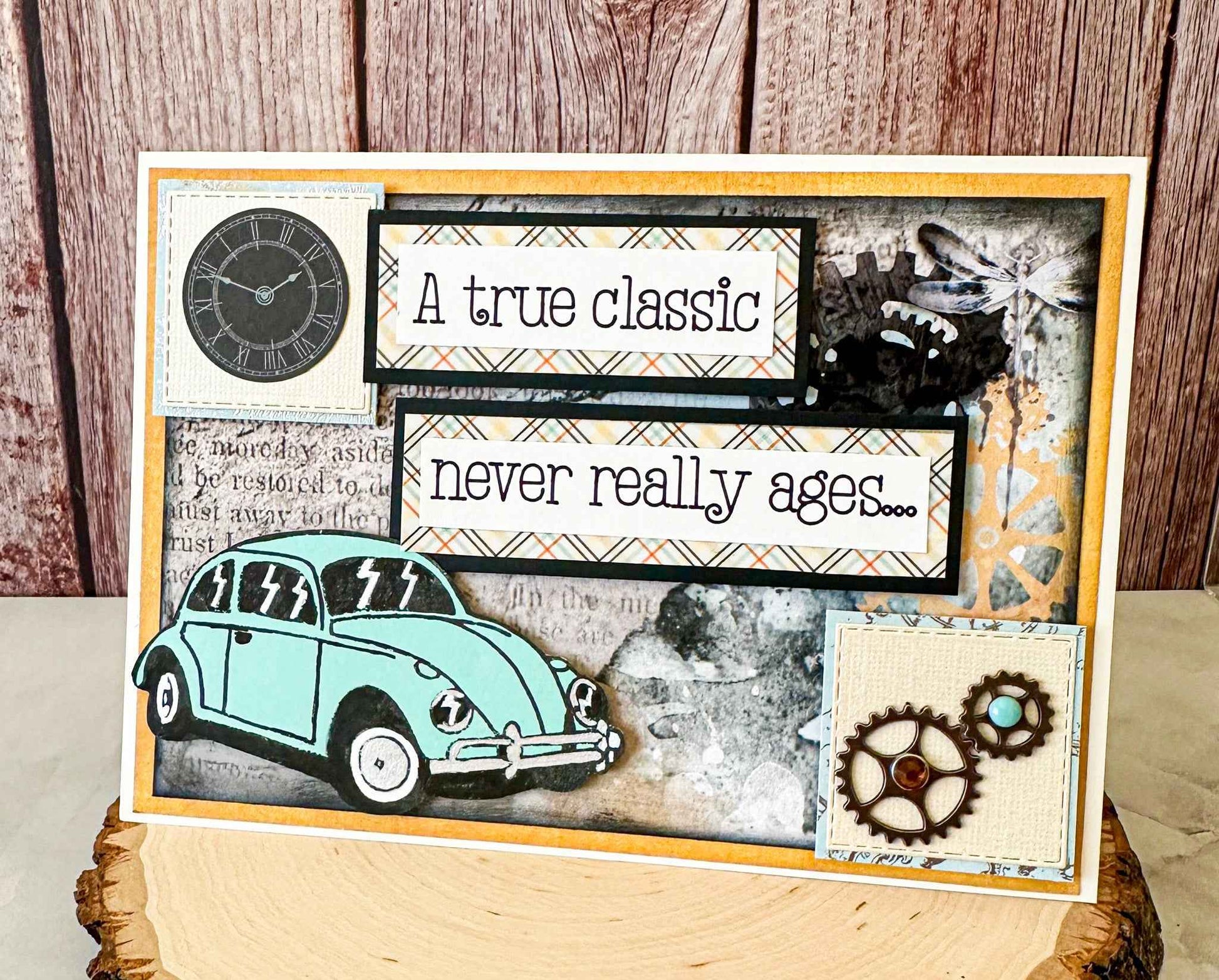 Farmhouse Whimsy classic car birthday greeting card featuring a charming vintage car illustration on white cardstock.