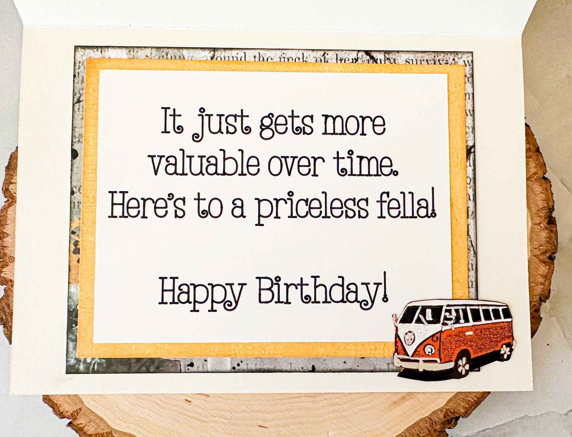 Farmhouse Whimsy classic car birthday greeting card with vintage car illustration on white background.