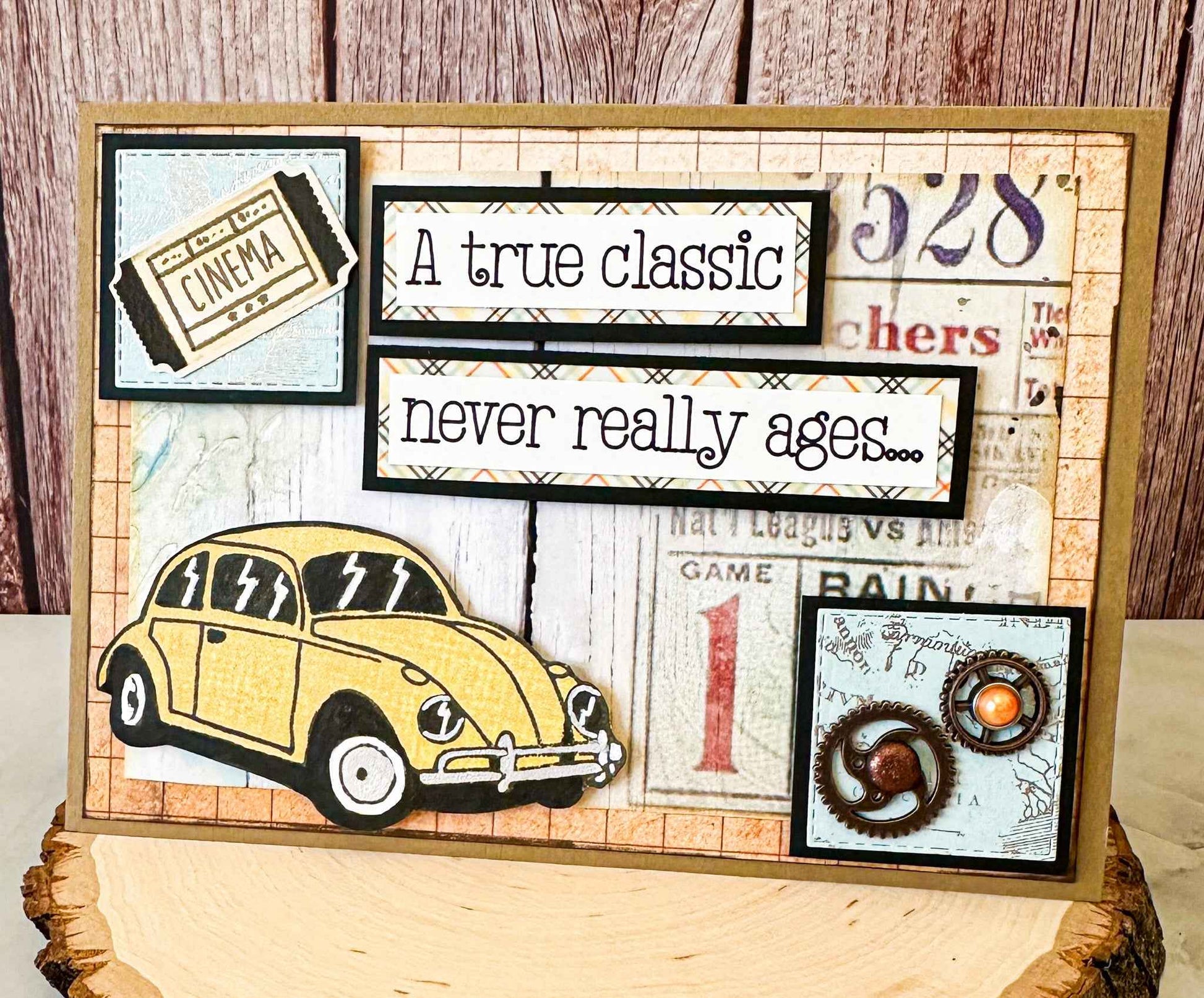 Farmhouse Whimsy classic car birthday greeting card with a vintage white car illustration for celebrating special occasions.