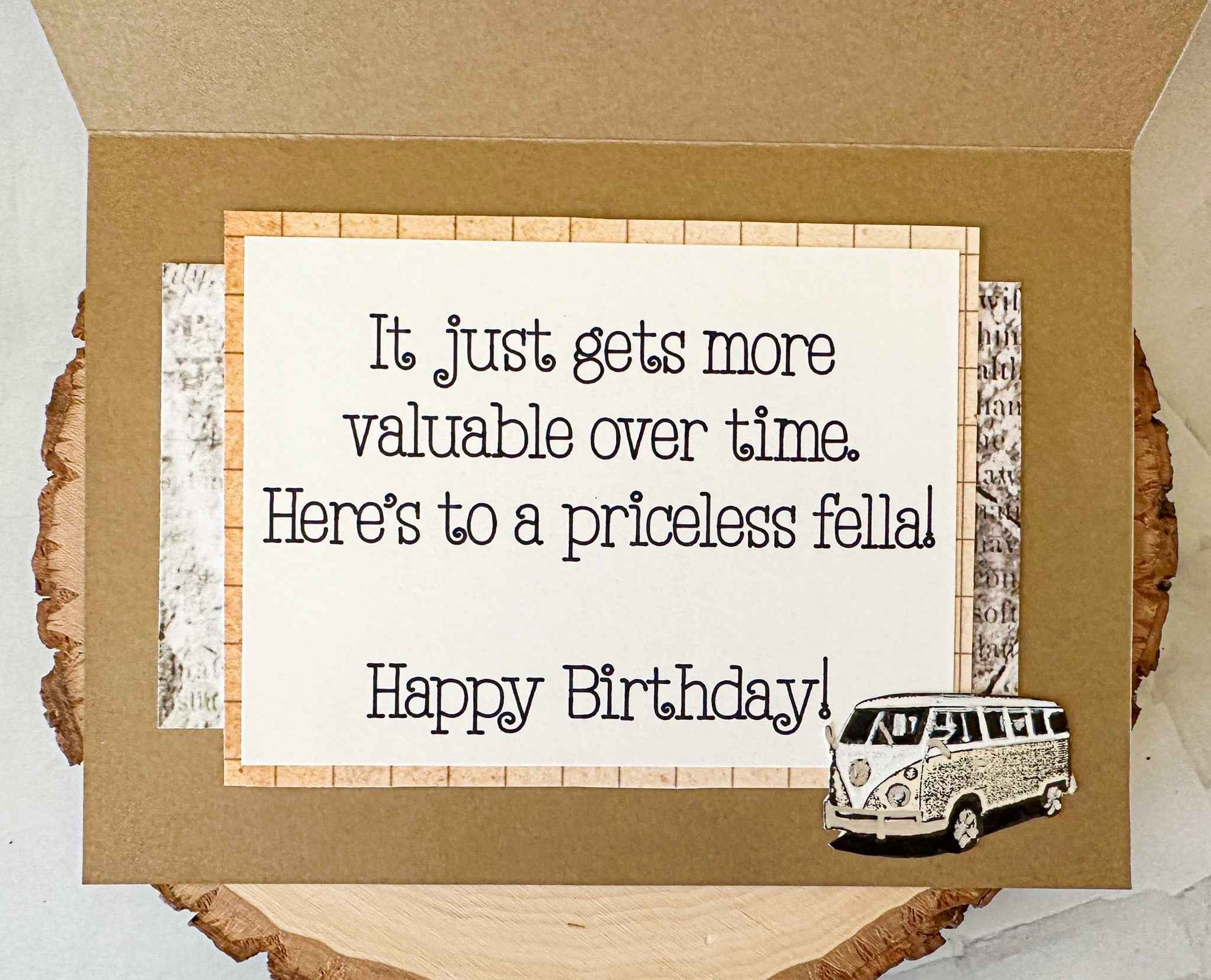 Farmhouse Whimsy classic car birthday greeting card featuring a vintage white car design on a cheerful background.