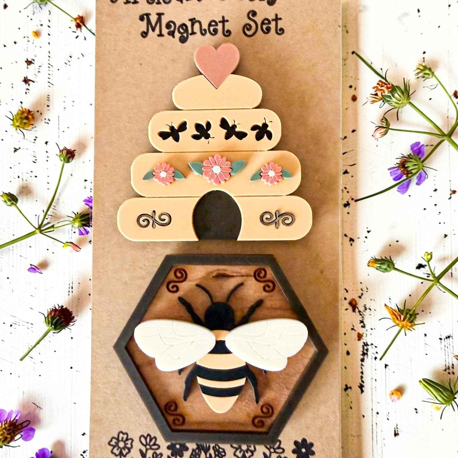 Farmhouse Whimsy bee and hive magnet set featuring colorful, detailed bee and hive magnets on a white background.
