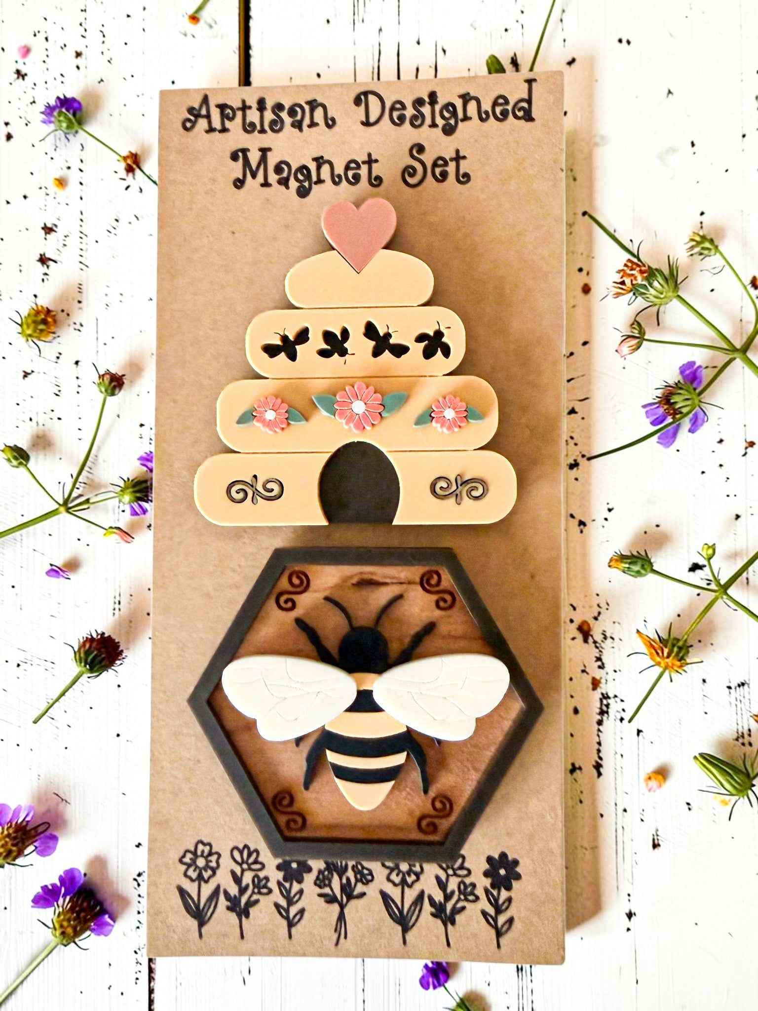 Farmhouse Whimsy bee and hive magnet set featuring colorful, detailed bee and hive magnets on a white background.