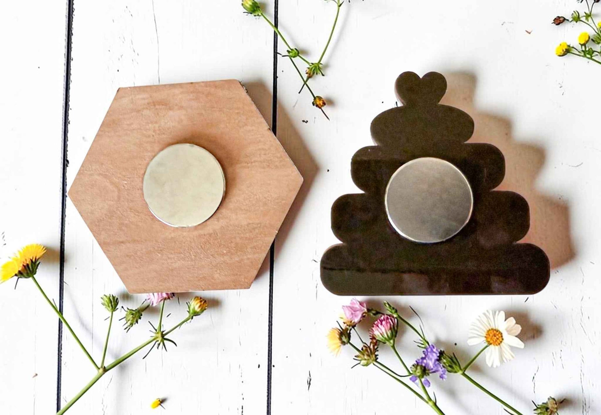 Farmhouse Whimsy bee and hive magnet set featuring colorful bee and hive designs on a white background.