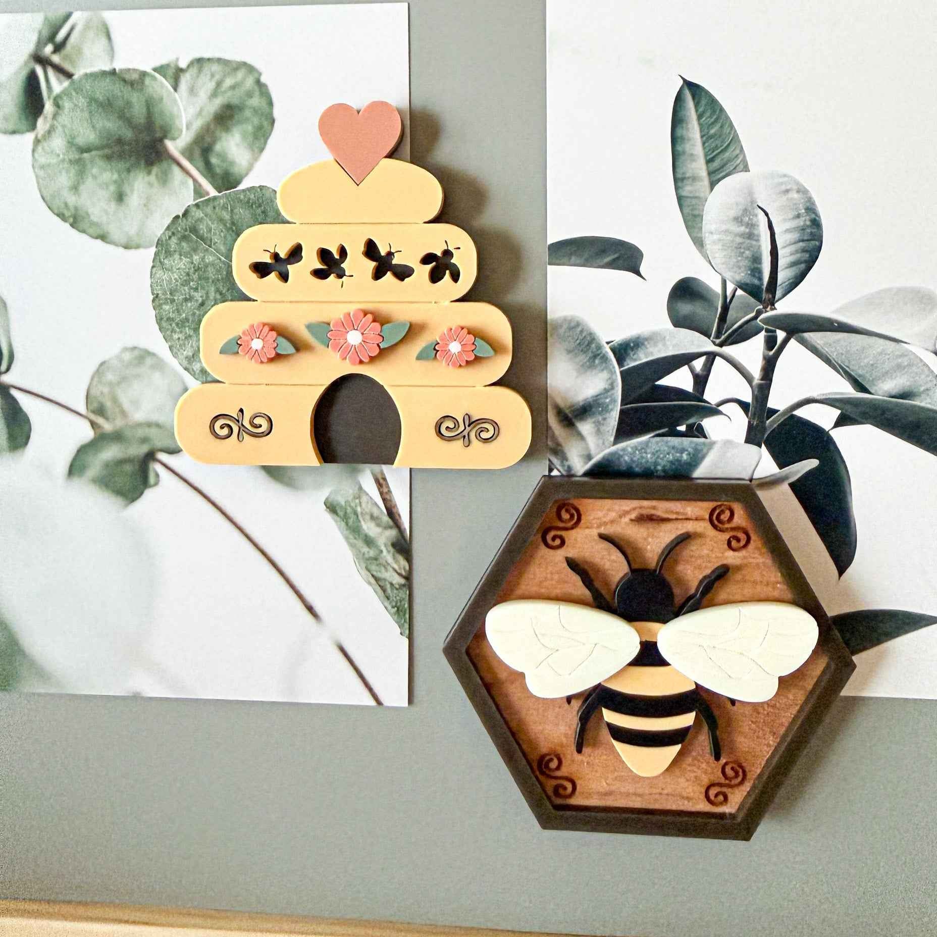 Farmhouse Whimsy bee and hive magnet set featuring colorful bee and hive-shaped magnets on a white background.
