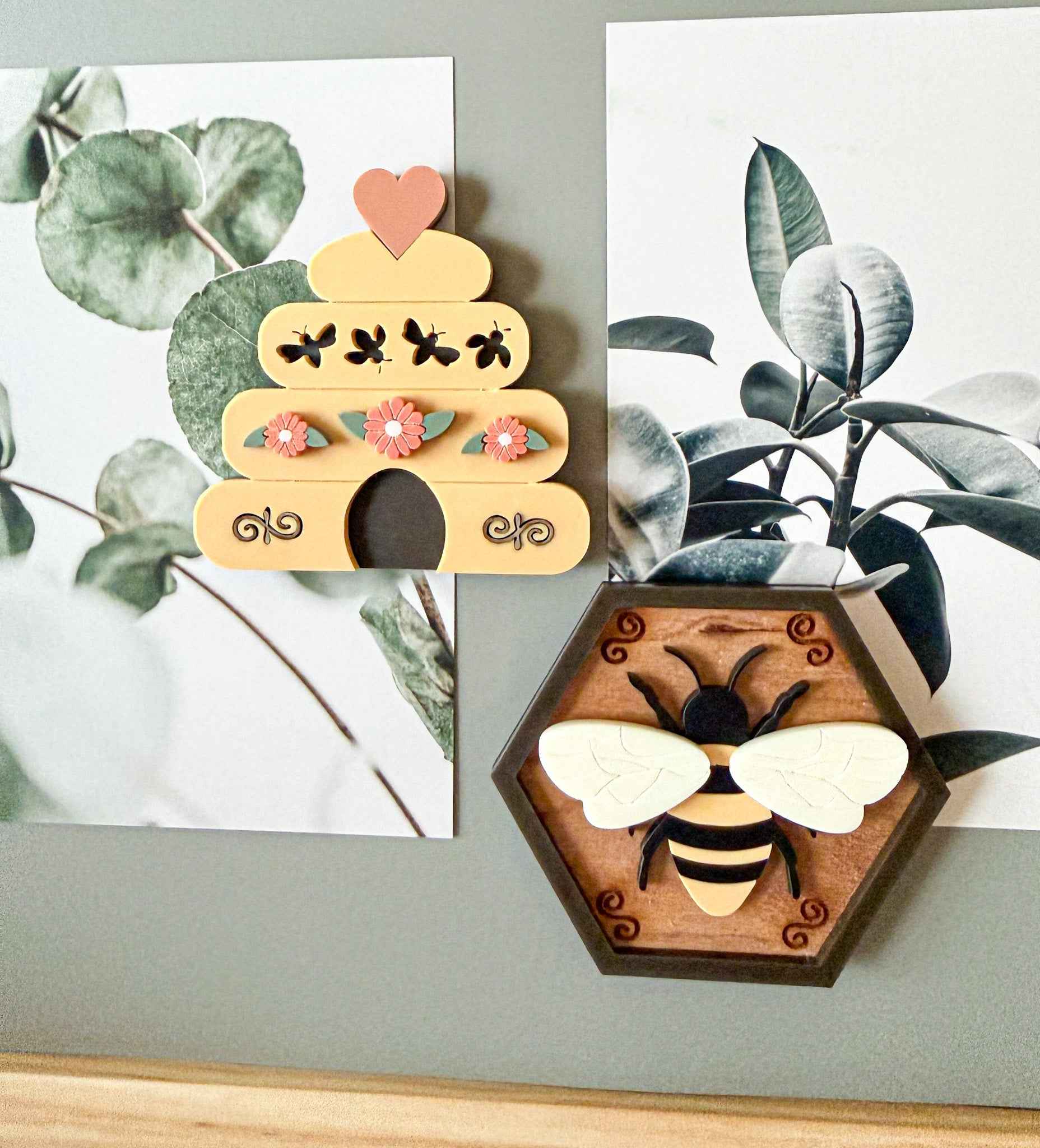 Farmhouse Whimsy bee and hive magnet set featuring colorful bee and hive-shaped magnets on a white background.