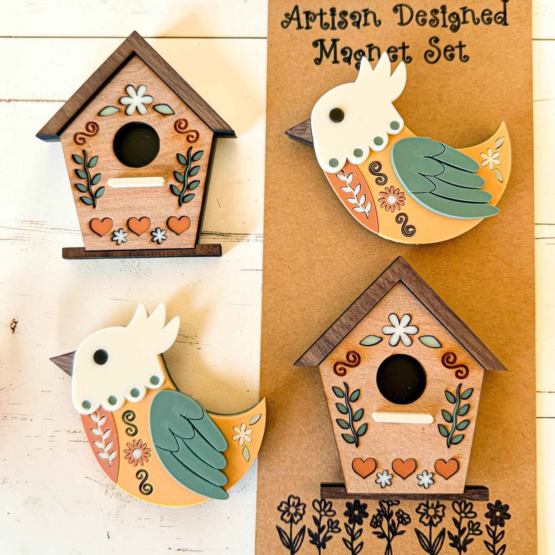 Farmhouse Whimsy bird and birdhouse magnet set featuring charming farmhouse-style designs on colorful magnets.