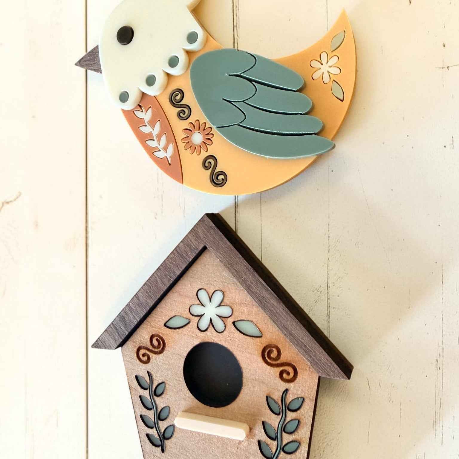 Farmhouse Whimsy bird and birdhouse magnet set featuring charming rustic designs on a white background.