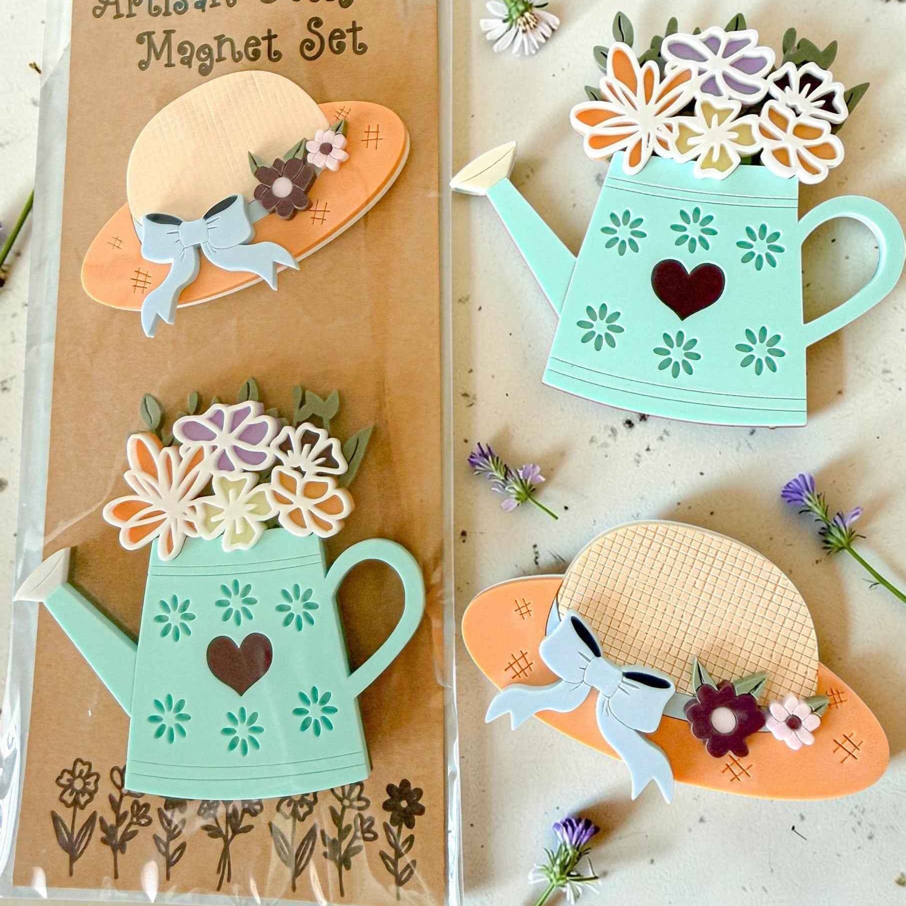 Farmhouse Whimsy floral gardening magnet set featuring colorful flower and gardening-themed magnets for decorating magnetic surfaces.