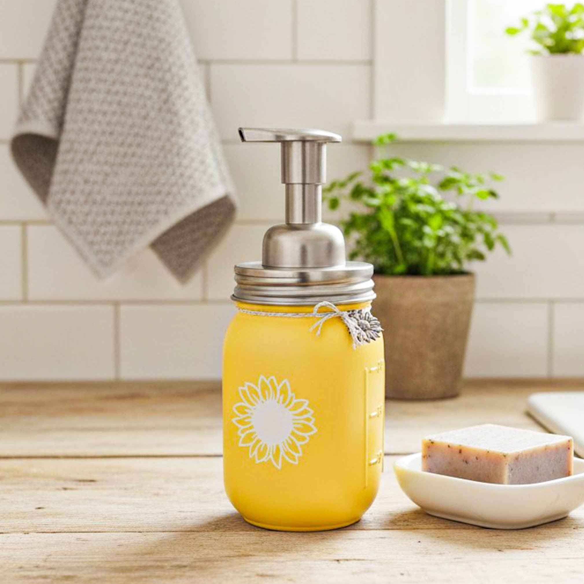 Sunflower-themed Mason Jar soap dispenser from Farmhouse Whimsy, with a rustic design and a pump top for liquid soap.