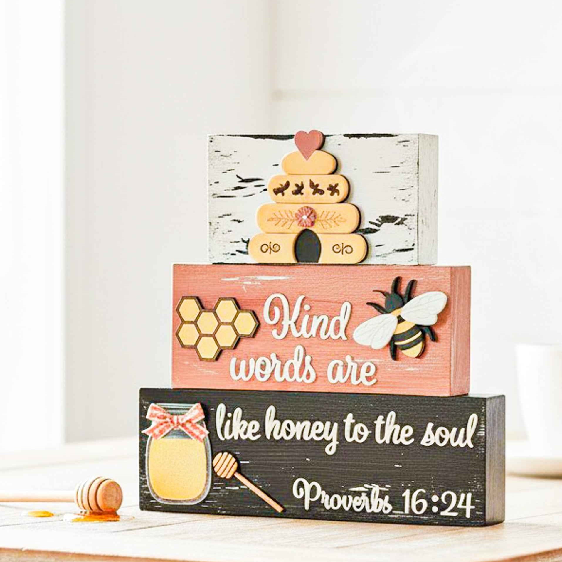 Farmhouse Whimsy Bumble Bee Tier Block Set as charming table top decor with painted bee and floral designs.