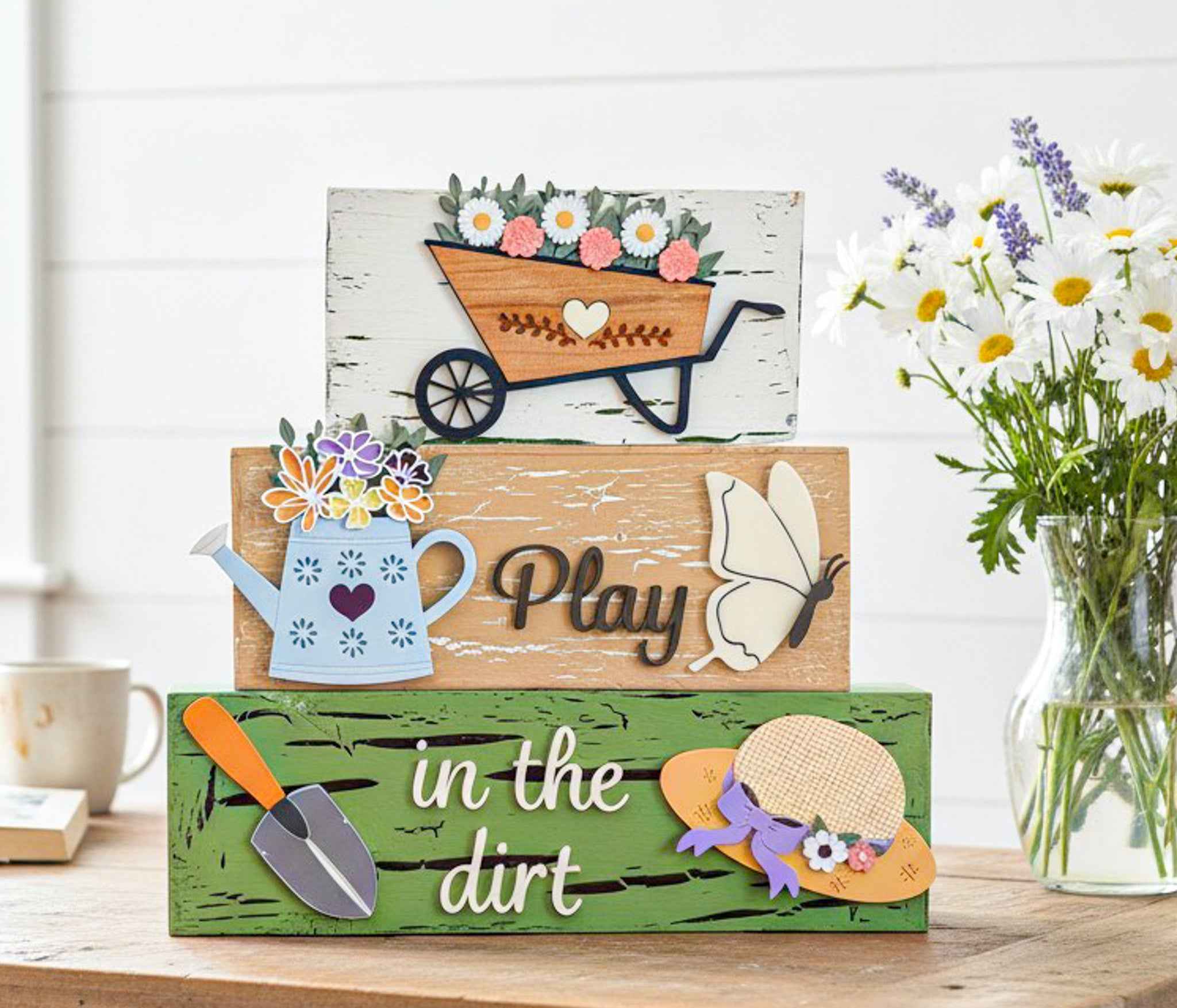 Farmhouse Whimsy gardening table top tier block set as decorative tabletop decor, featuring rustic wooden blocks with gardening motifs.