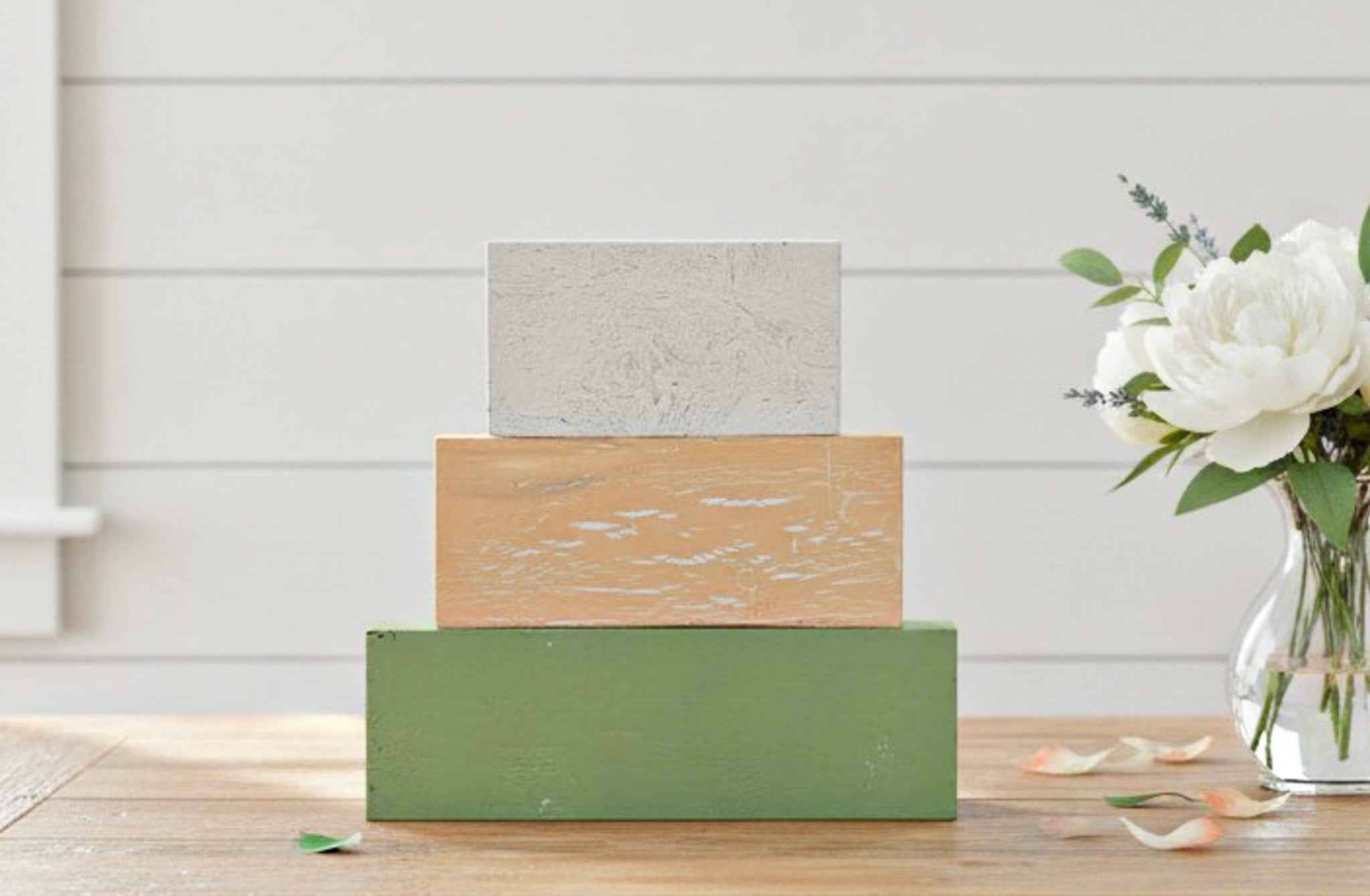Farmhouse Whimsy gardening table top tier block set used as decorative farmhouse decor on a table.