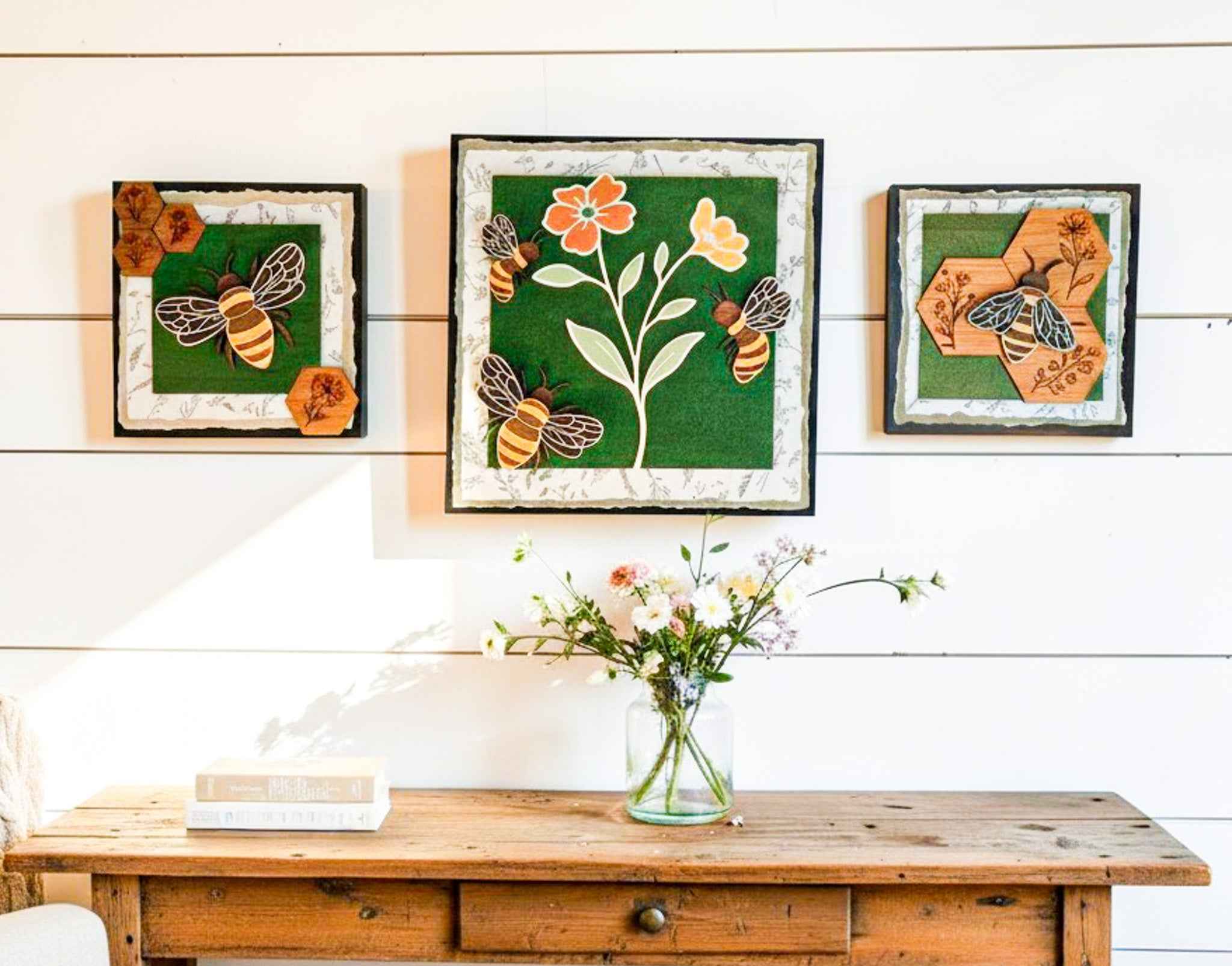 Farmhouse Whimsy Bumble Bee Wall Art Set featuring cheerful bee illustrations on rustic wooden panels for farmhouse decor.
