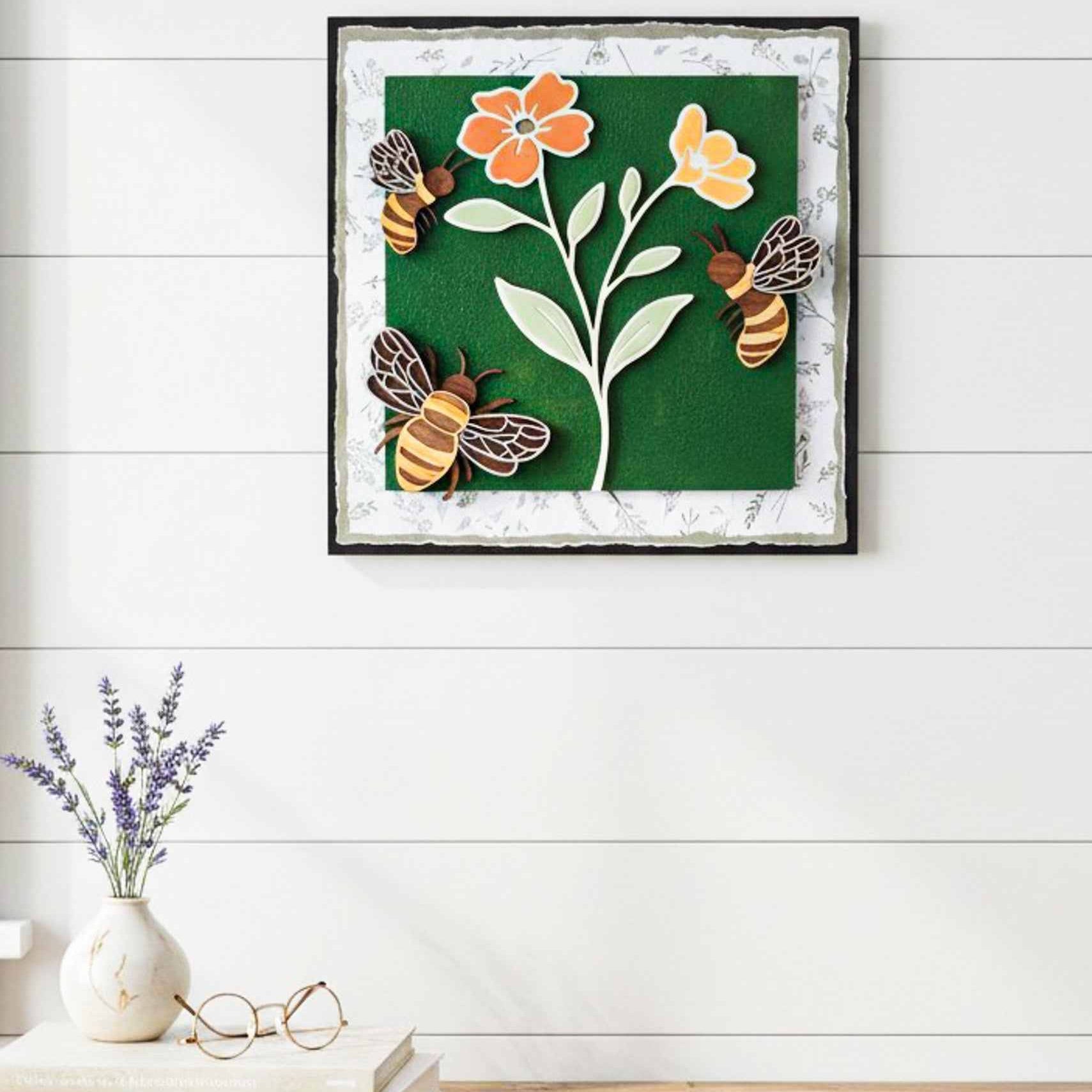 Farmhouse Whimsy Bumble Bee Wall Art Set featuring charming bee illustrations on rustic wood backgrounds.