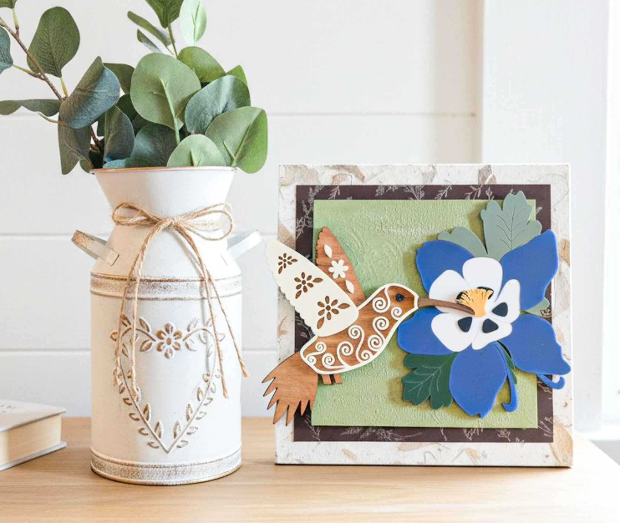 Hummingbird and Columbine flower wall art by Farmhouse Whimsy, featuring colorful hummingbird and vibrant flower design for wall decor.