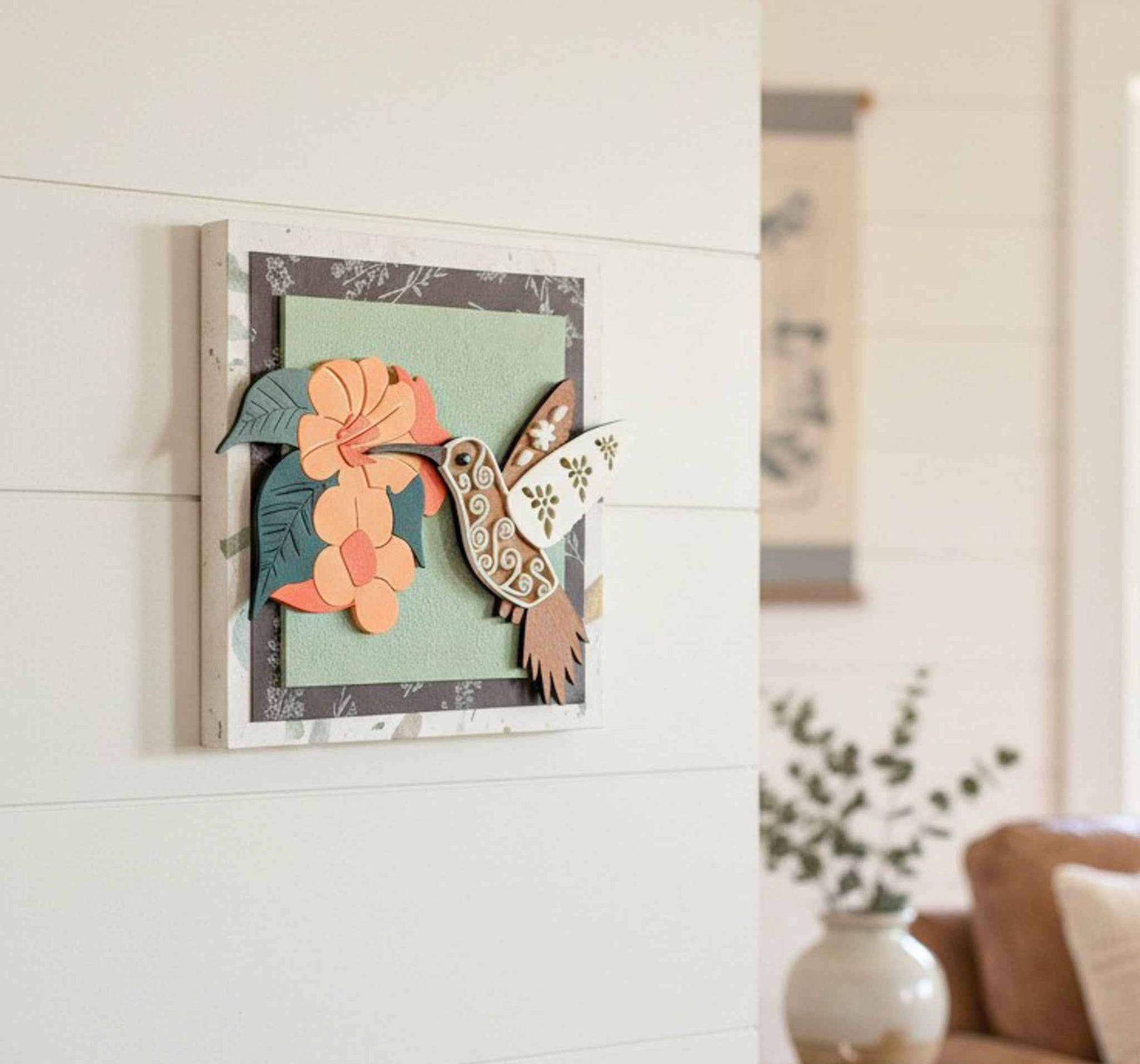 Hummingbird Trumpet Vine Wall Art by Farmhouse Whimsy, decorative wall art featuring colorful hummingbird and trumpet vine design.