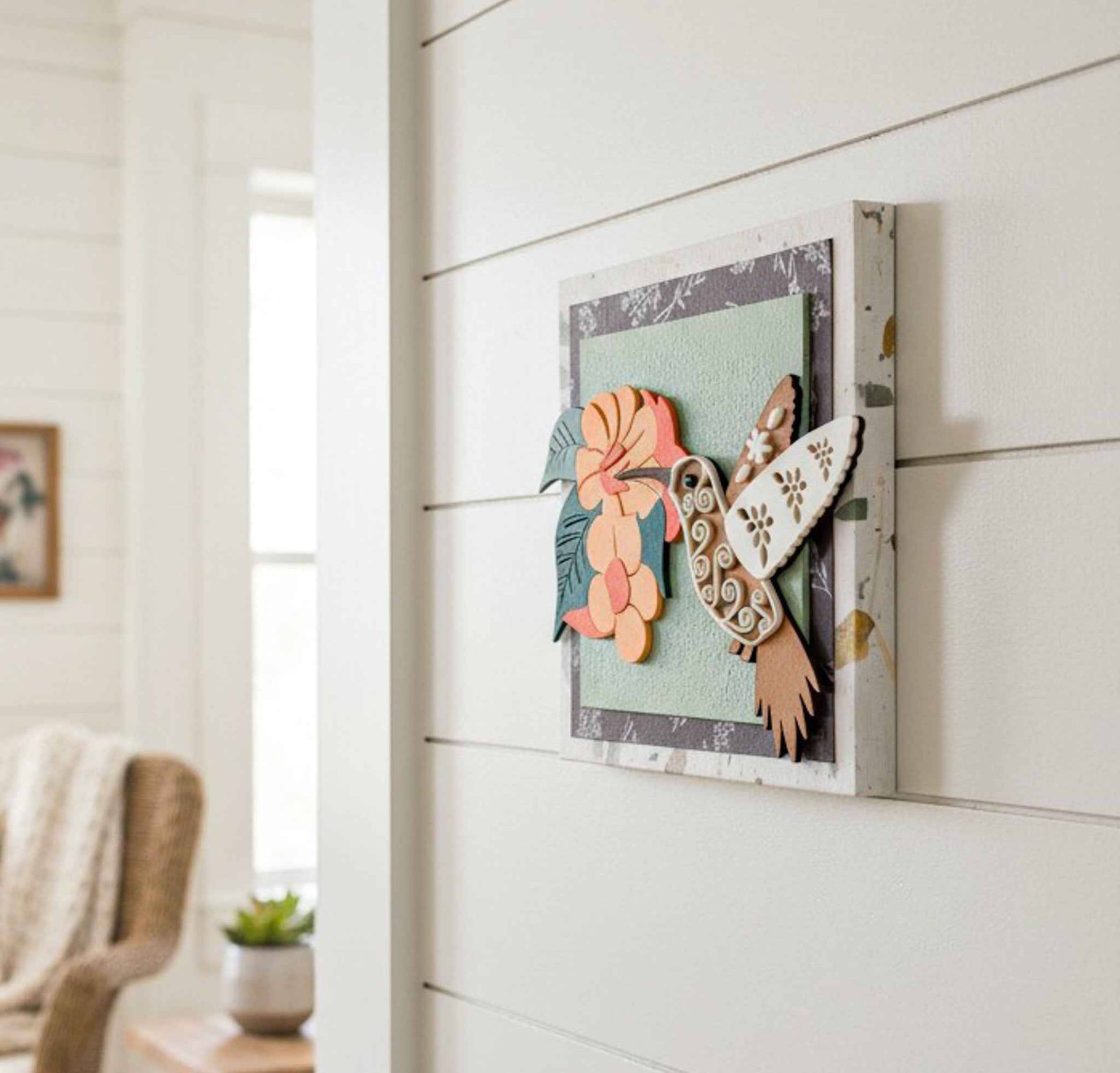 Farmhouse Whimsy hummingbird trumpet vine wall art featuring vibrant botanical design on a decorative wall art piece