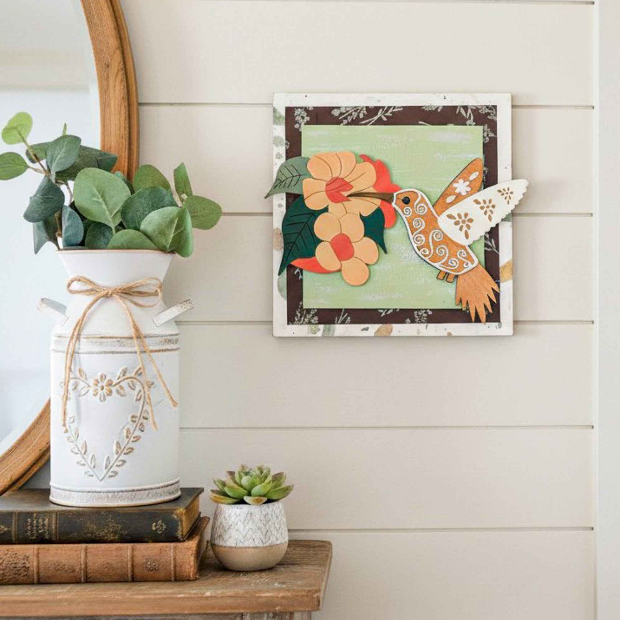 Hummingbird Trumpet Vine Wall Art by Farmhouse Whimsy showing vibrant floral and hummingbird design on rustic wall art piece.