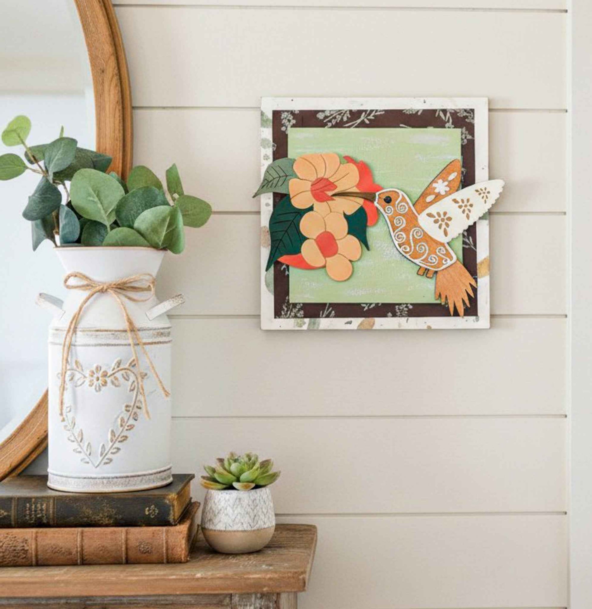 Hummingbird Trumpet Vine Wall Art by Farmhouse Whimsy showing vibrant floral and hummingbird design on rustic wall art piece.
