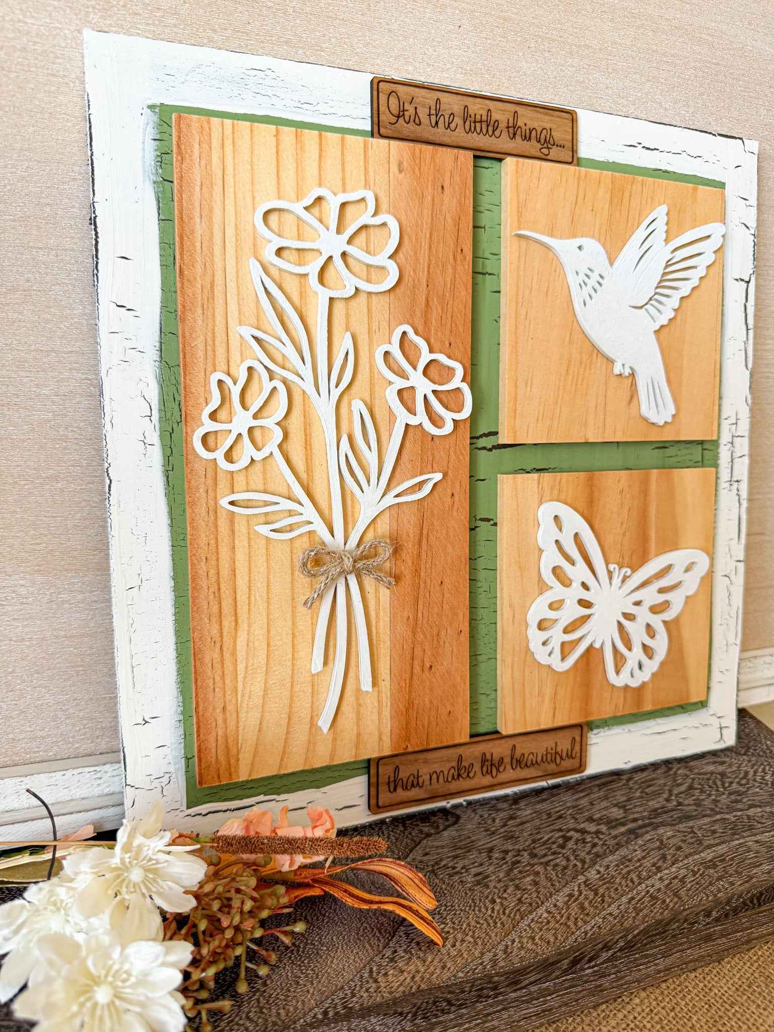 Wooden nature wall art by Farmhouse Whimsy featuring a rustic design of trees and leaves, perfect for farmhouse decor.