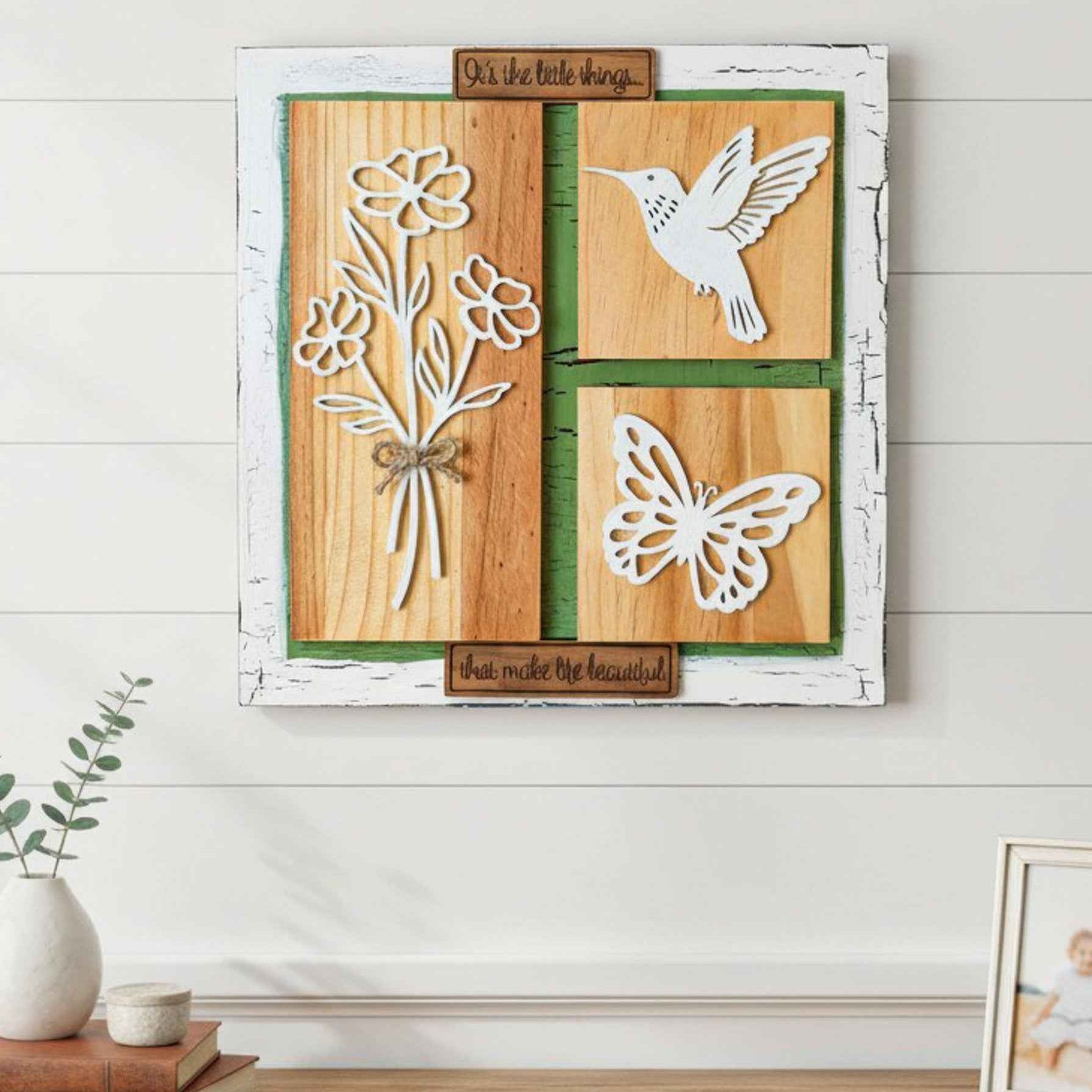 Wooden nature wall art by Farmhouse Whimsy featuring rustic wood textures and natural forest-inspired design.