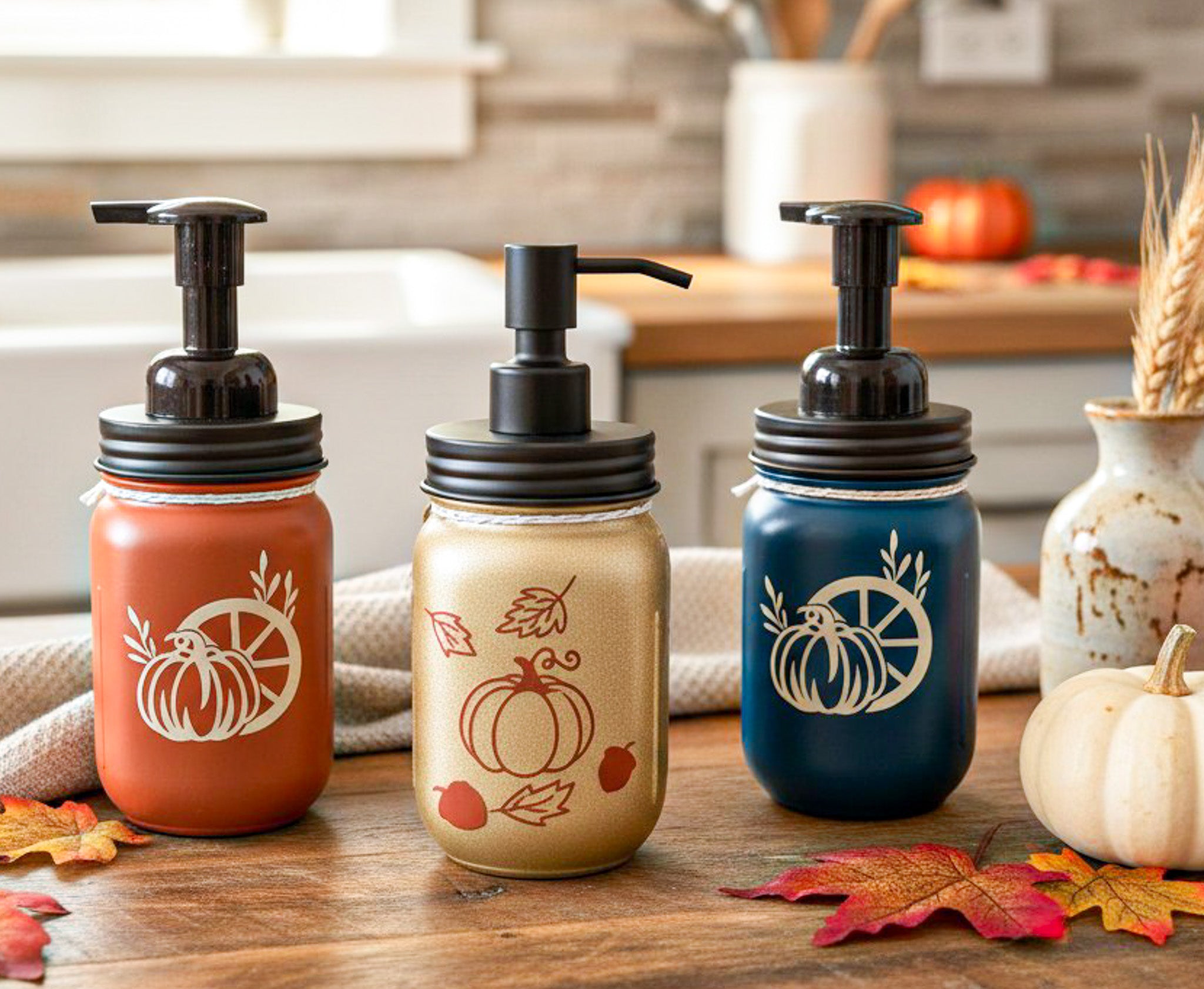 farmhouse fall mason jar soap dispensers back