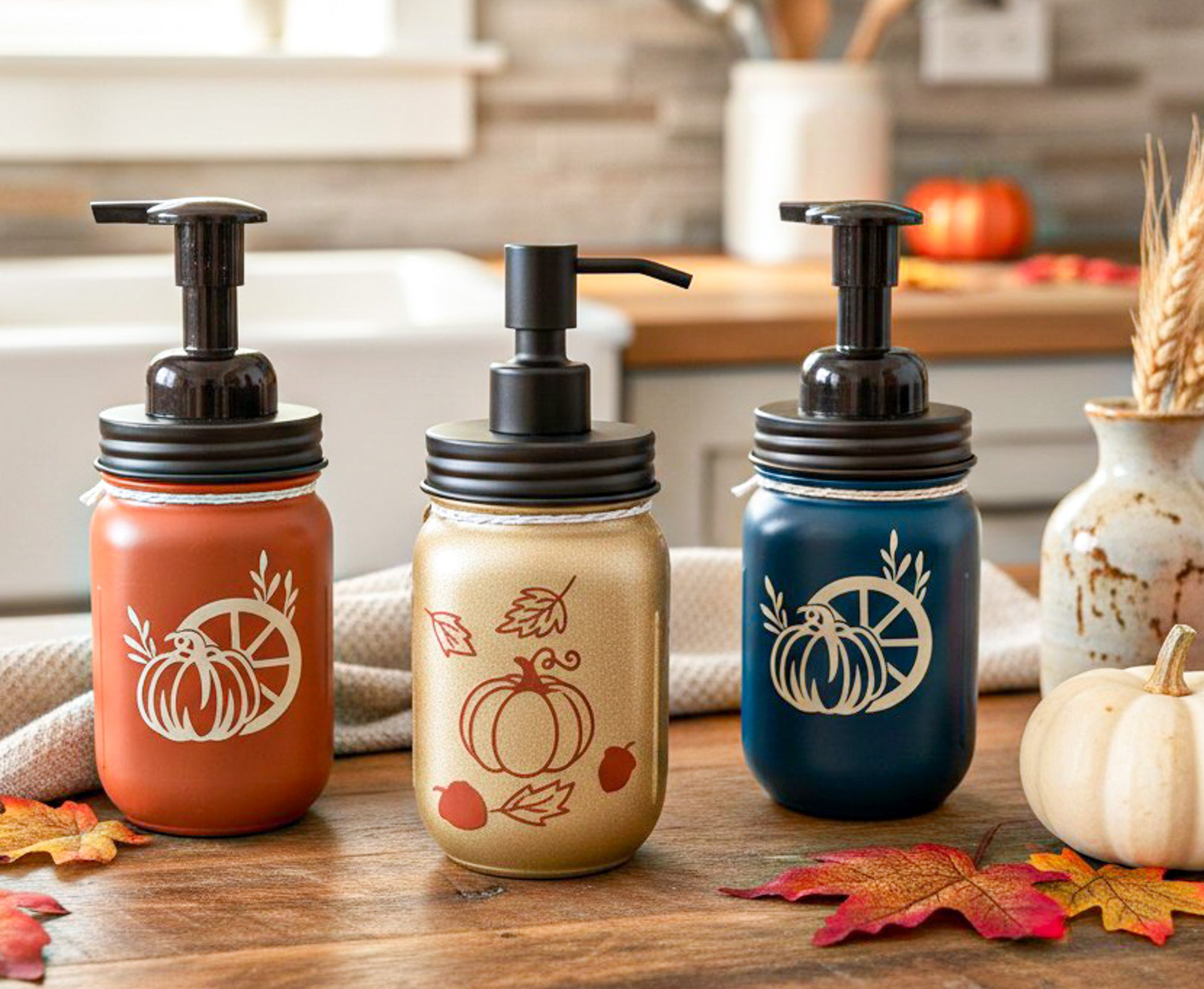 farmhouse fall mason jar soap dispensers back