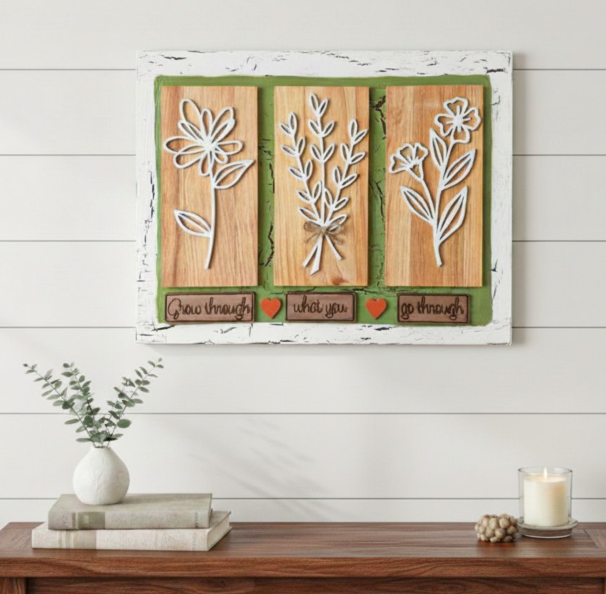 Floral farmhouse wooden wall art by Farmhouse Whimsy featuring painted flowers on rustic wood for farmhouse decor.