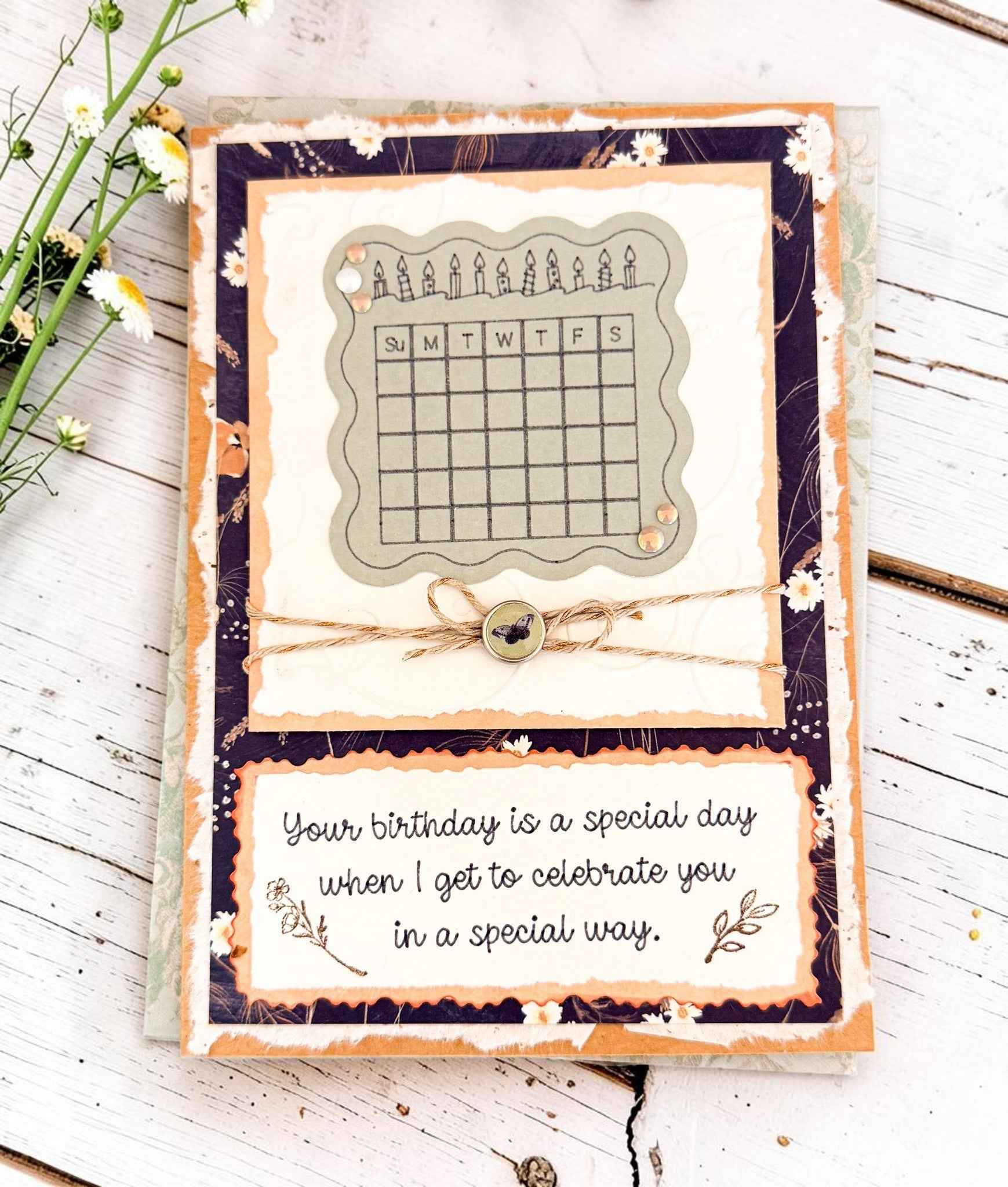 Floral rustic birthday greeting card by Farmhouse Whimsy featuring watercolor flowers and vintage design elements.
