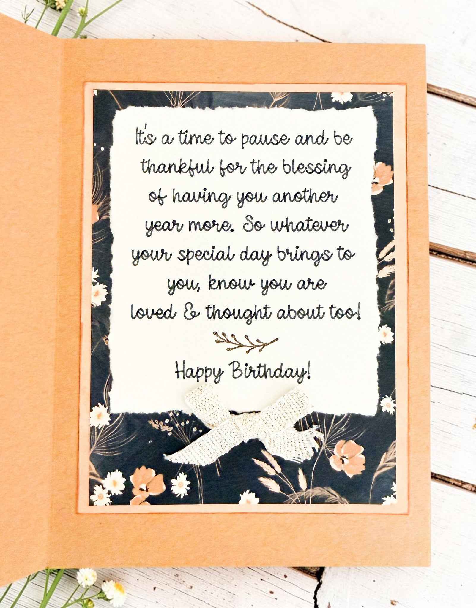Rustic floral birthday greeting card from Farmhouse Whimsy featuring a charming floral design on earthy textured paper.