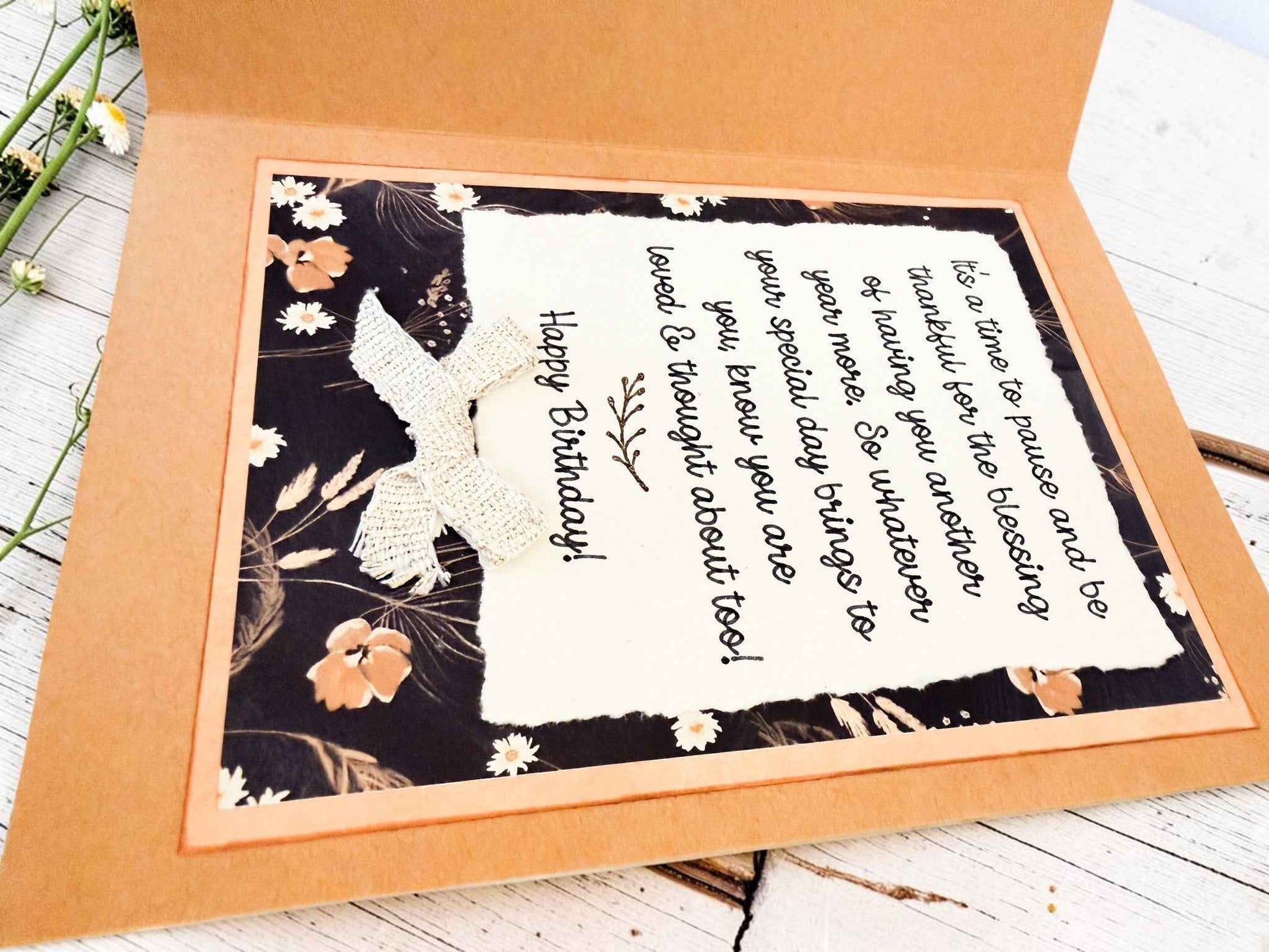 Rustic floral birthday greeting card by Farmhouse Whimsy featuring a charming floral design on textured paper.
