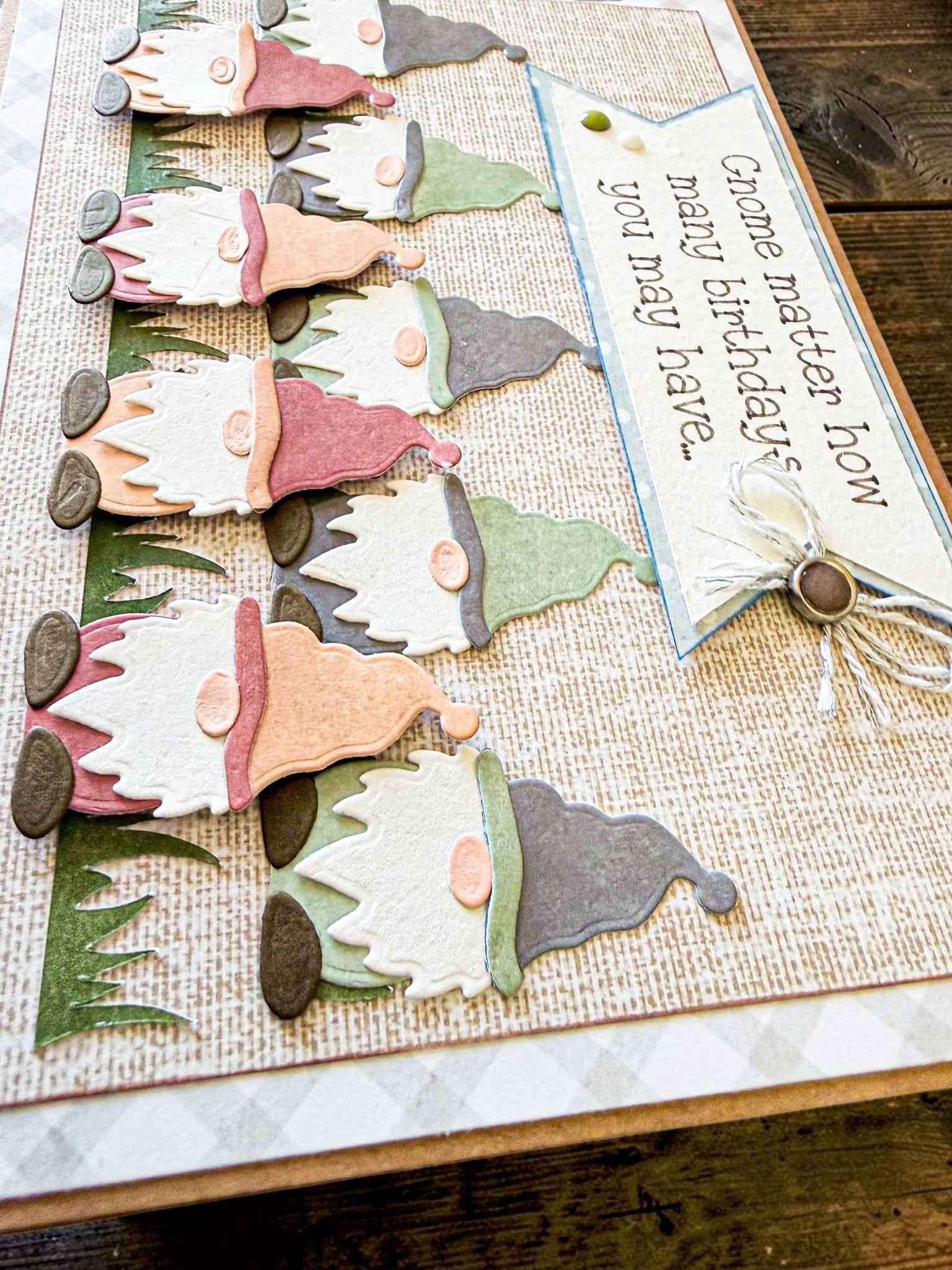 Farmhouse Whimsy garden gnome birthday greeting card featuring a whimsical gnome illustration for special celebrations.
