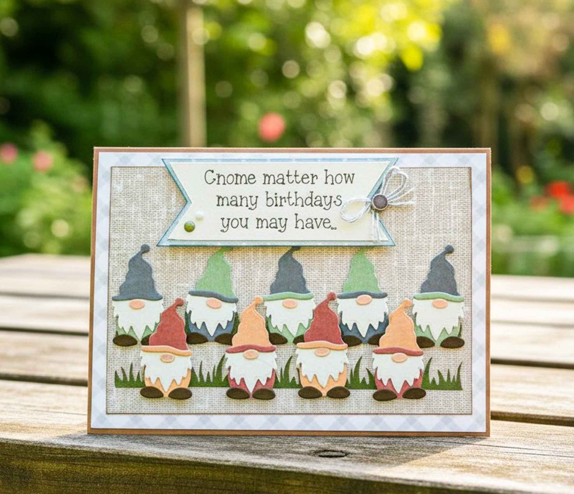 Farmhouse Whimsy garden gnome birthday card featuring a cheerful gnome illustration on a greeting card.