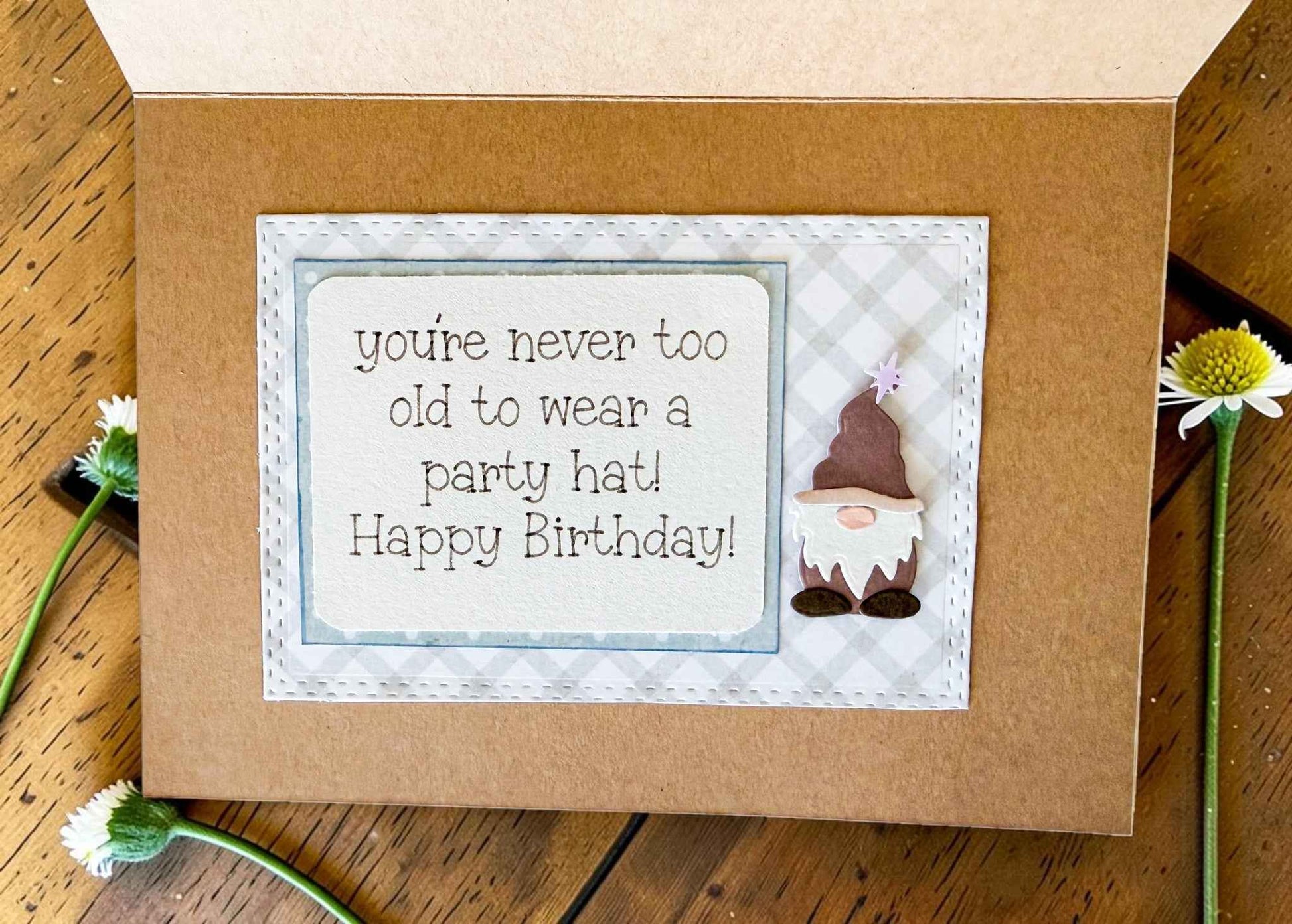 Farmhouse Whimsy Garden Gnome Birthday Card featuring a whimsical gnome illustration on a greeting card.
