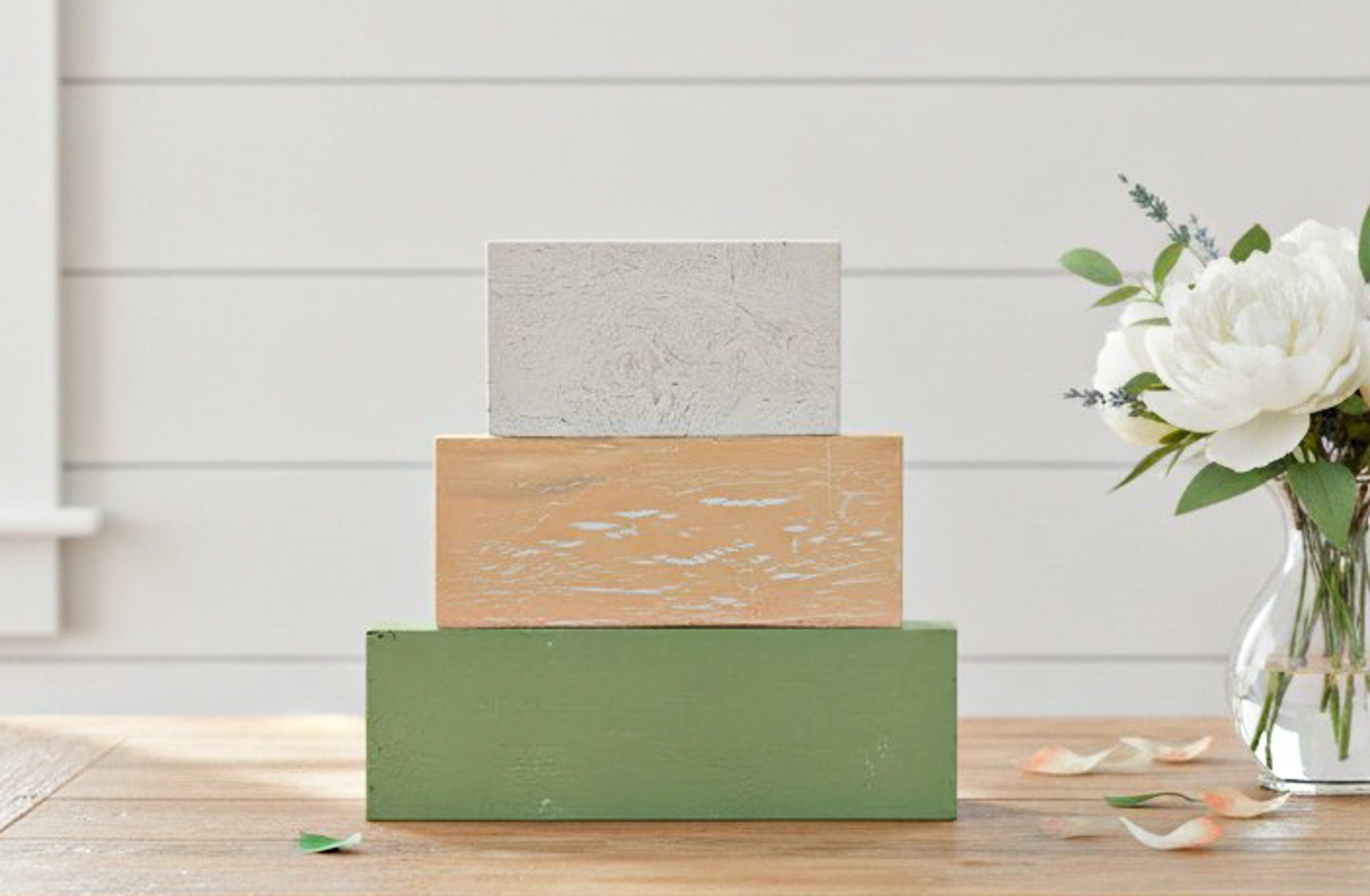 Farmhouse Whimsy gardening table top tier block set for decor, featuring rustic wooden blocks with gardening-themed designs.