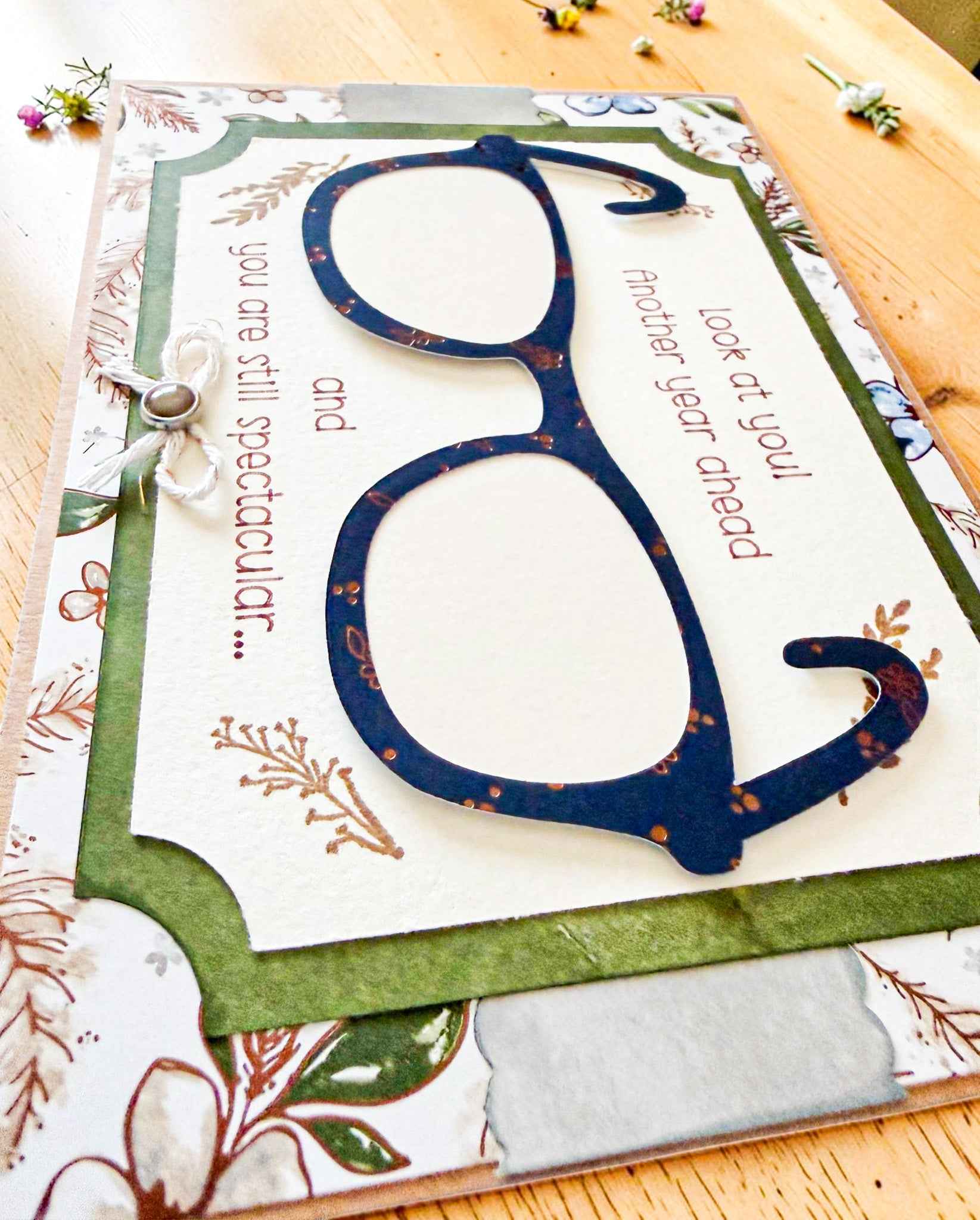 Humorous Farmhouse Whimsy birthday greeting card featuring a pair of stylish glasses, perfect for masculine birthday wishes.
