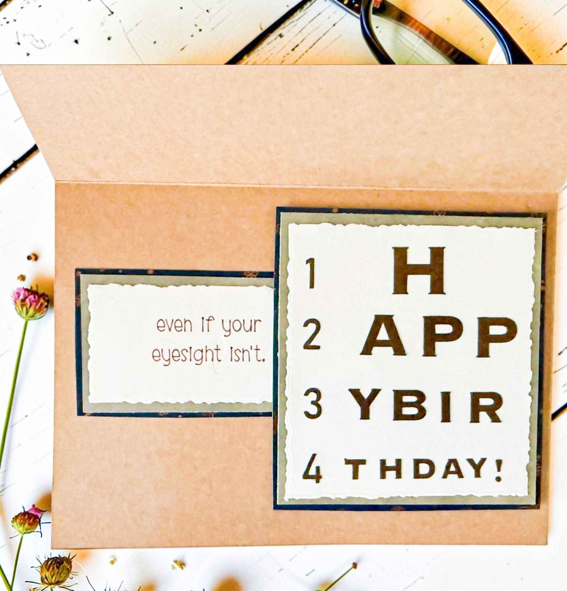 Farmhouse Whimsy humorous birthday card featuring glasses illustration, perfect for a fun, masculine greeting card for birthdays.