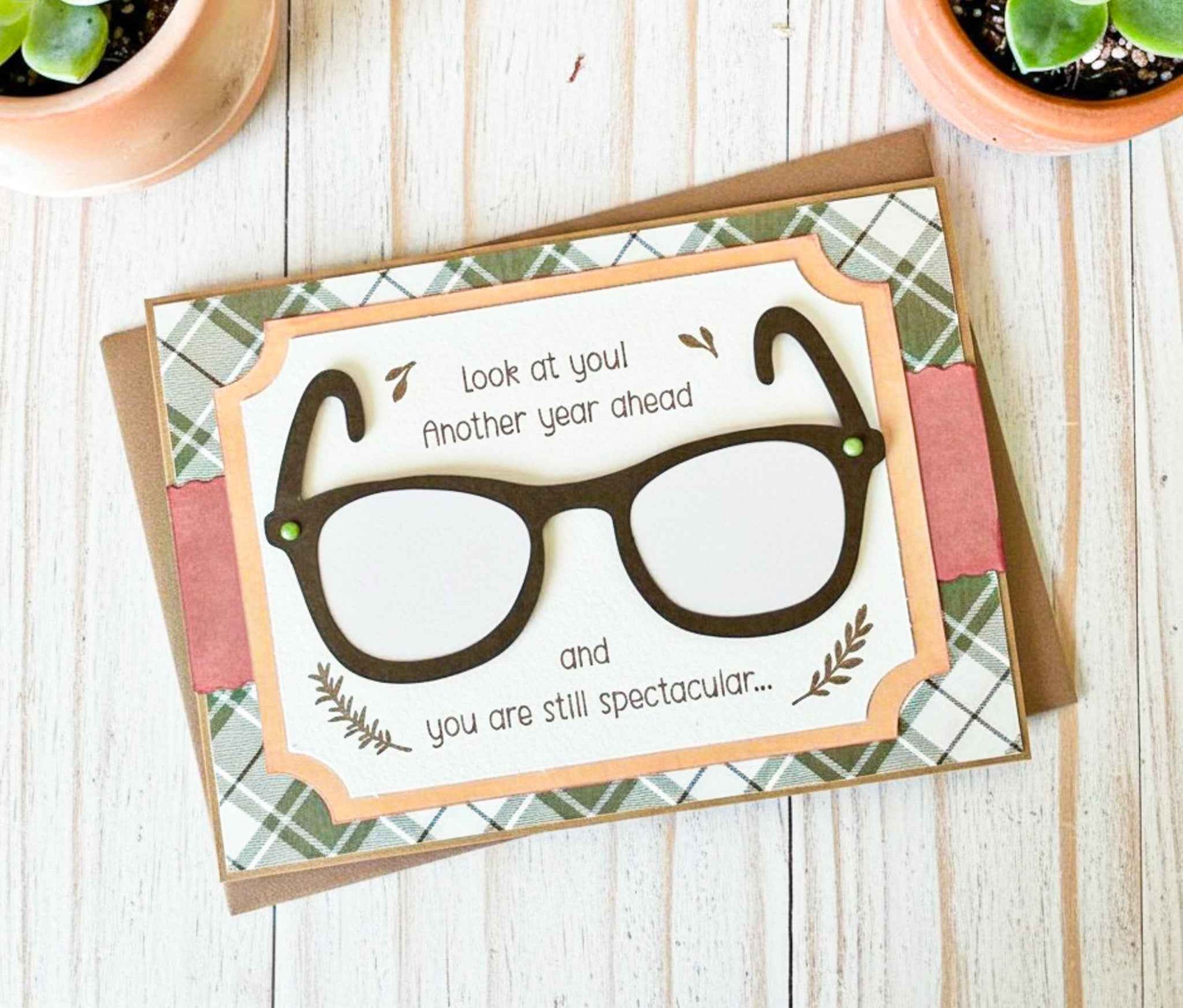 Humorous birthday greeting card featuring glasses design from Farmhouse Whimsy, perfect for celebrating with a fun, masculine touch.
