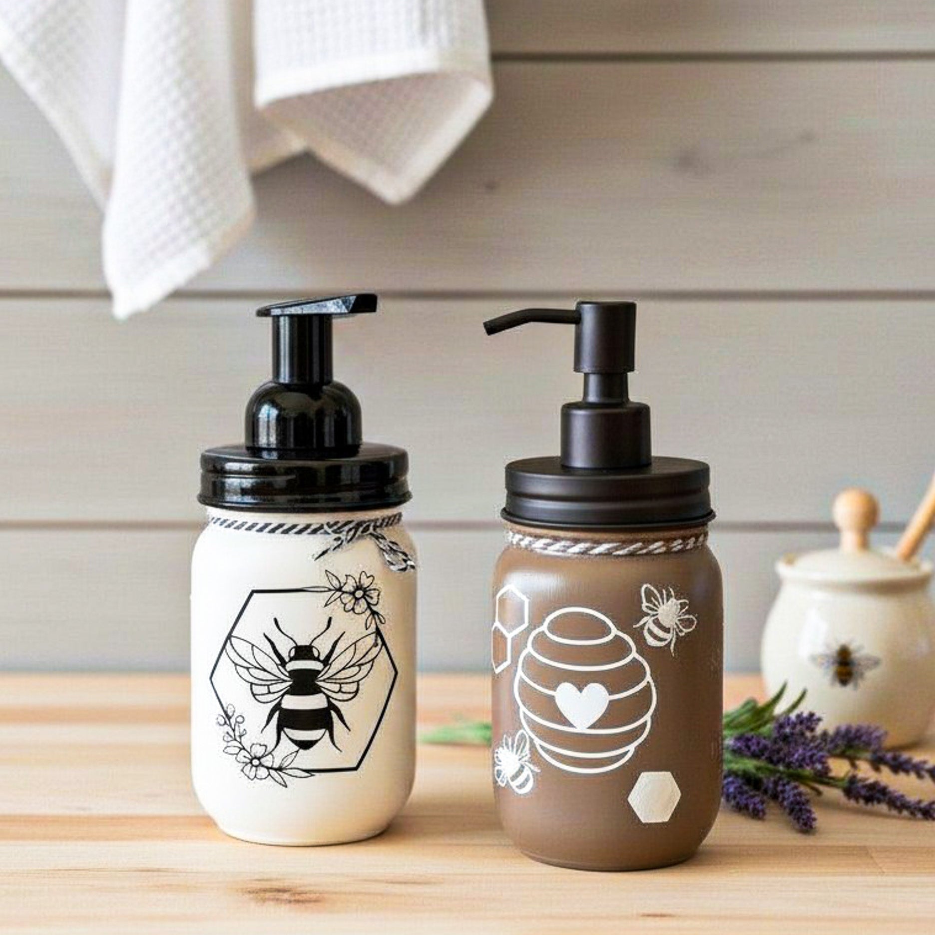 Farmhouse Whimsy honey bee mason jar soap pump with a vintage-style glass jar and metal pump for hand soap.