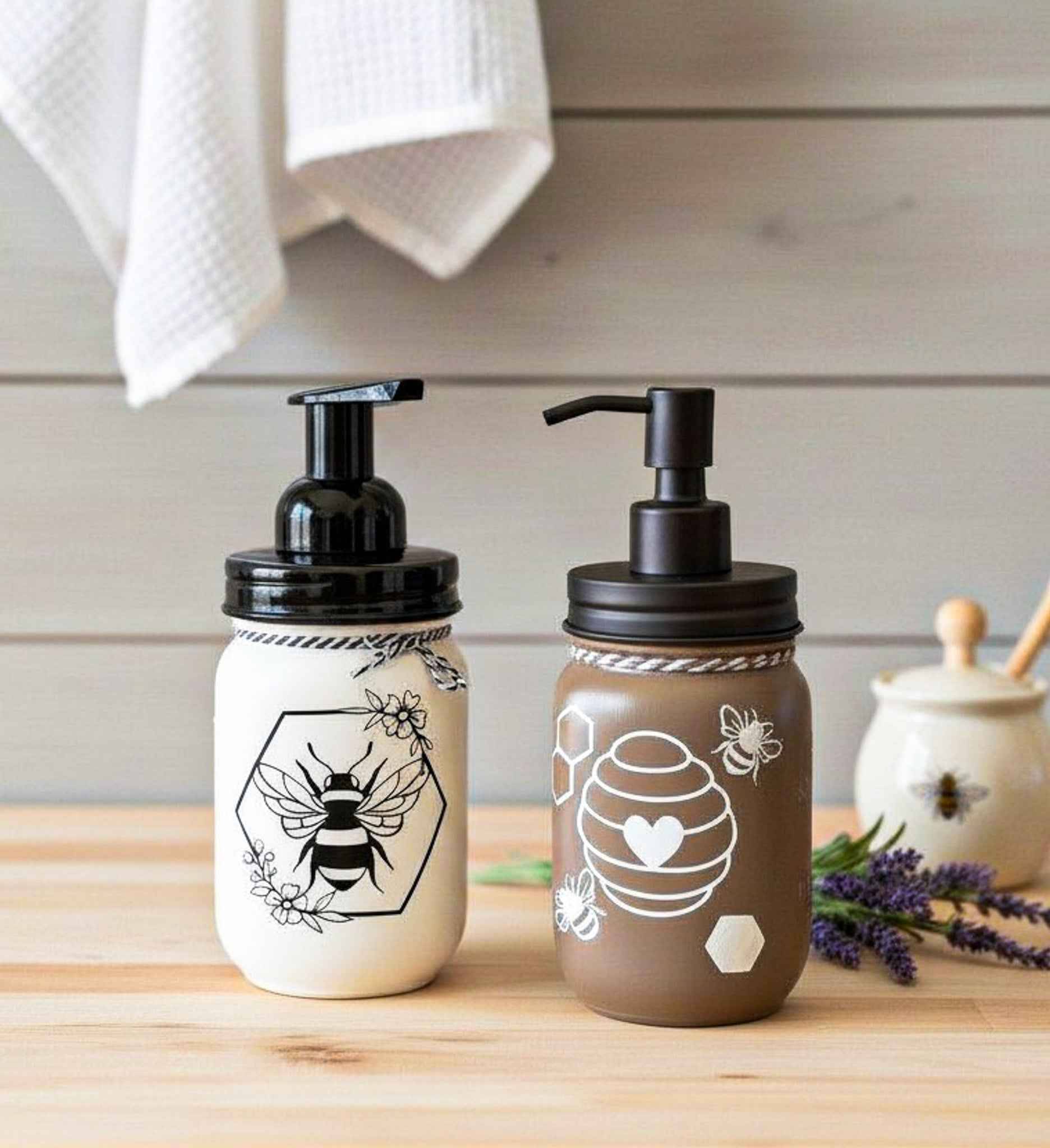 Cream and black Honey Bee Mason Jar soap pump by Farmhouse Whimsy, featuring a vintage-style glass soap jar with a liquid pump.