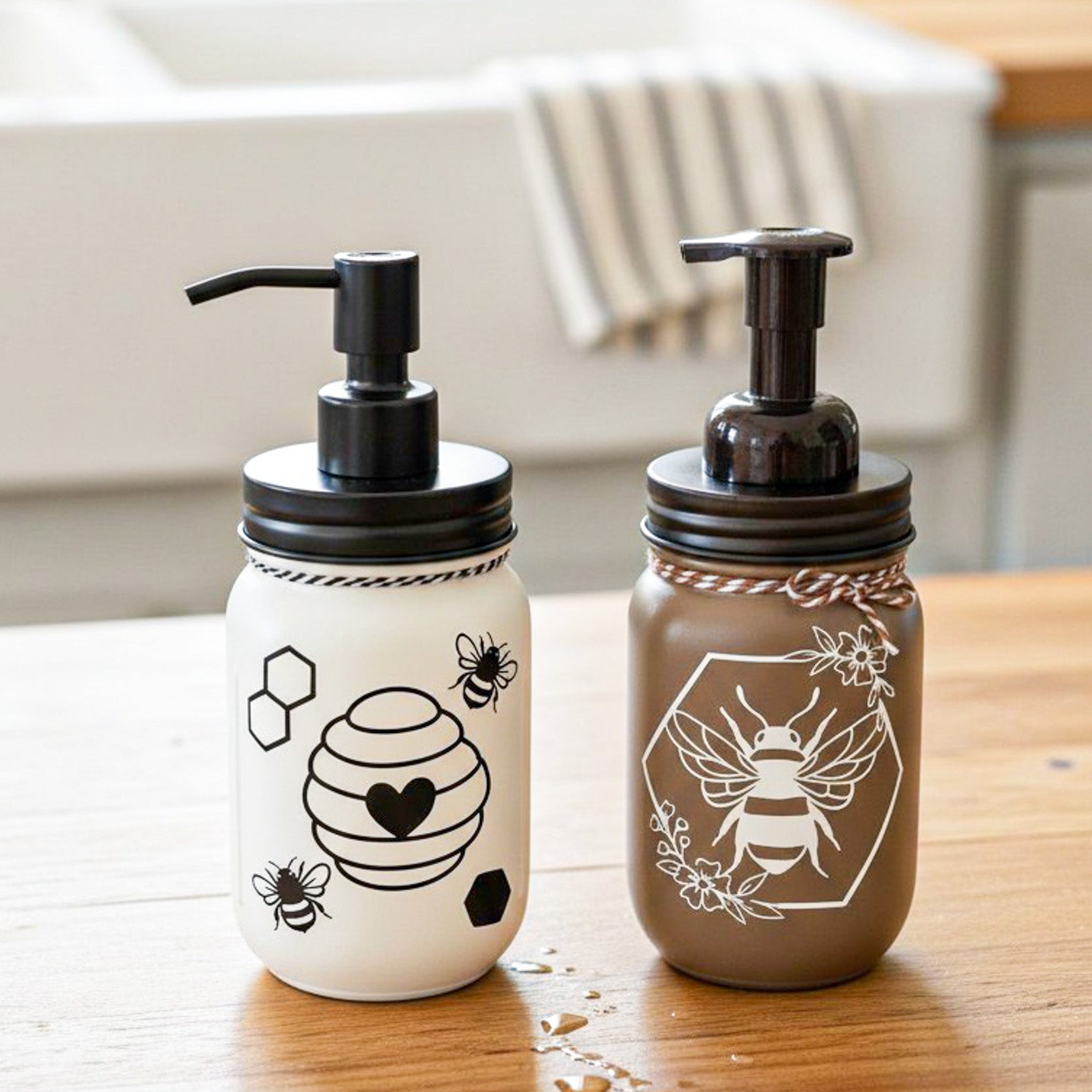 Farmhouse Whimsy honey bee mason jar soap pump with a vintage-style glass jar and metal pump for hand soap.
