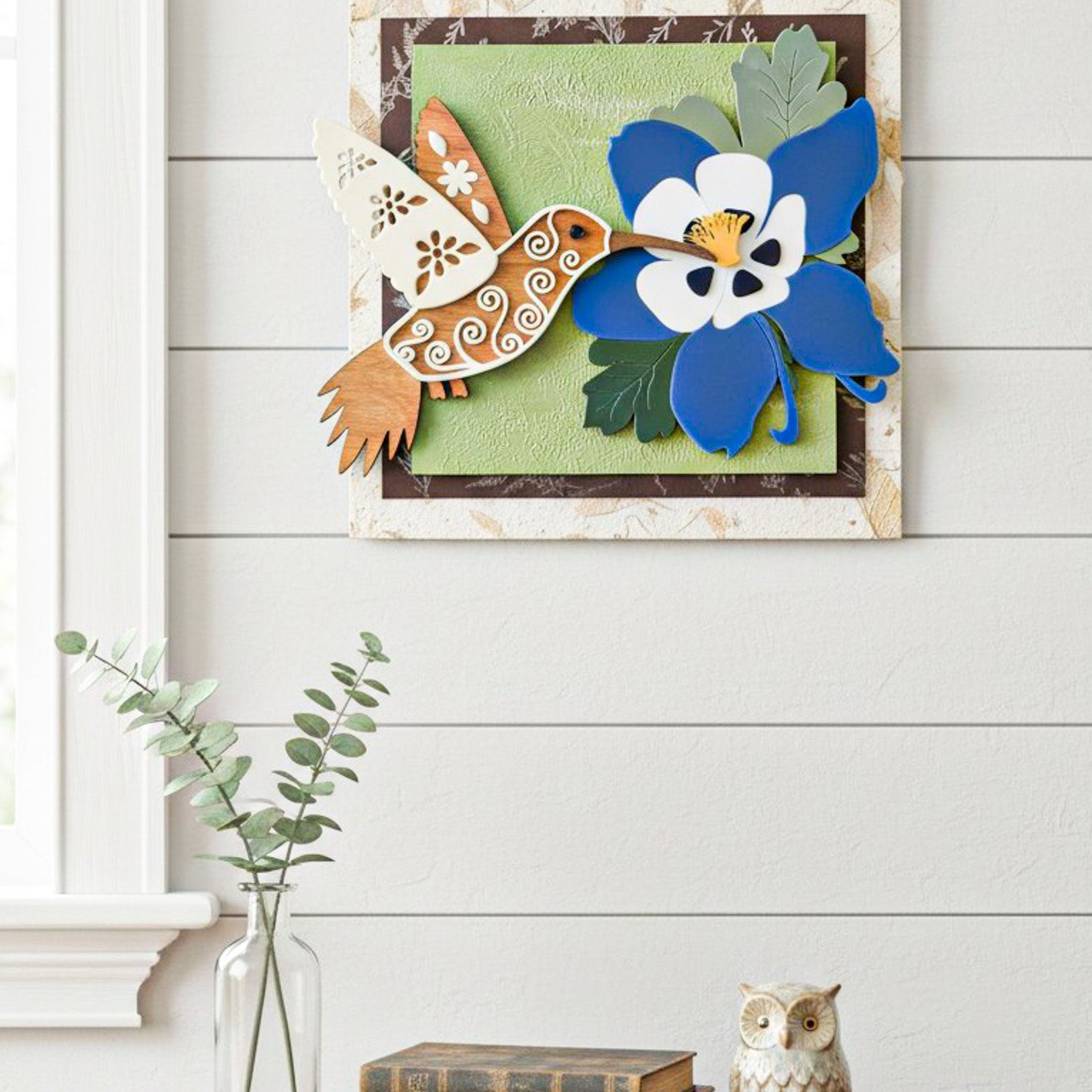 Hummingbird and Columbine flower wall art by Farmhouse Whimsy featuring colorful nature-inspired wall decor.