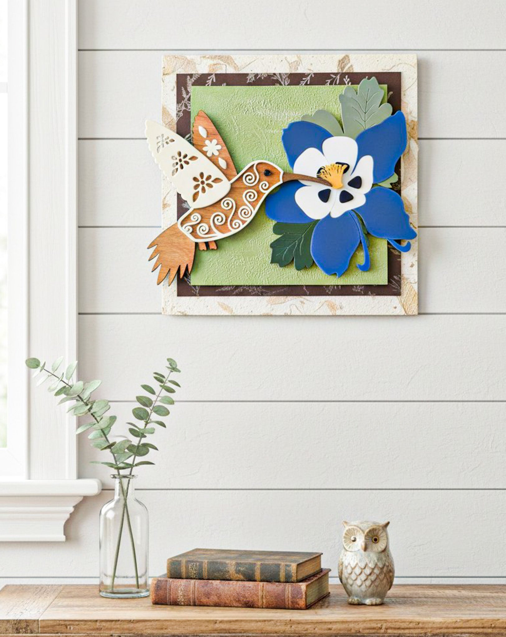 Hummingbird and Columbine flower wall art by Farmhouse Whimsy featuring colorful nature-inspired wall decor.