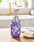 Hummingbird Mason Jar soap dispenser with a rustic farmhouse style, featuring a clear glass jar and a pump top.