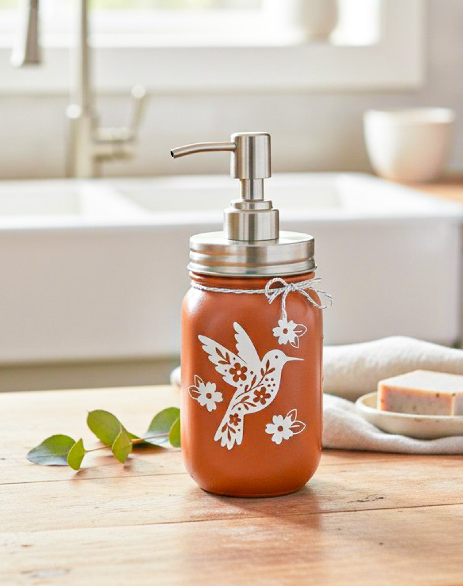 Hummingbird Mason Jar soap dispenser by Farmhouse Whimsy with a vintage-style glass jar and decorative hummingbird design.