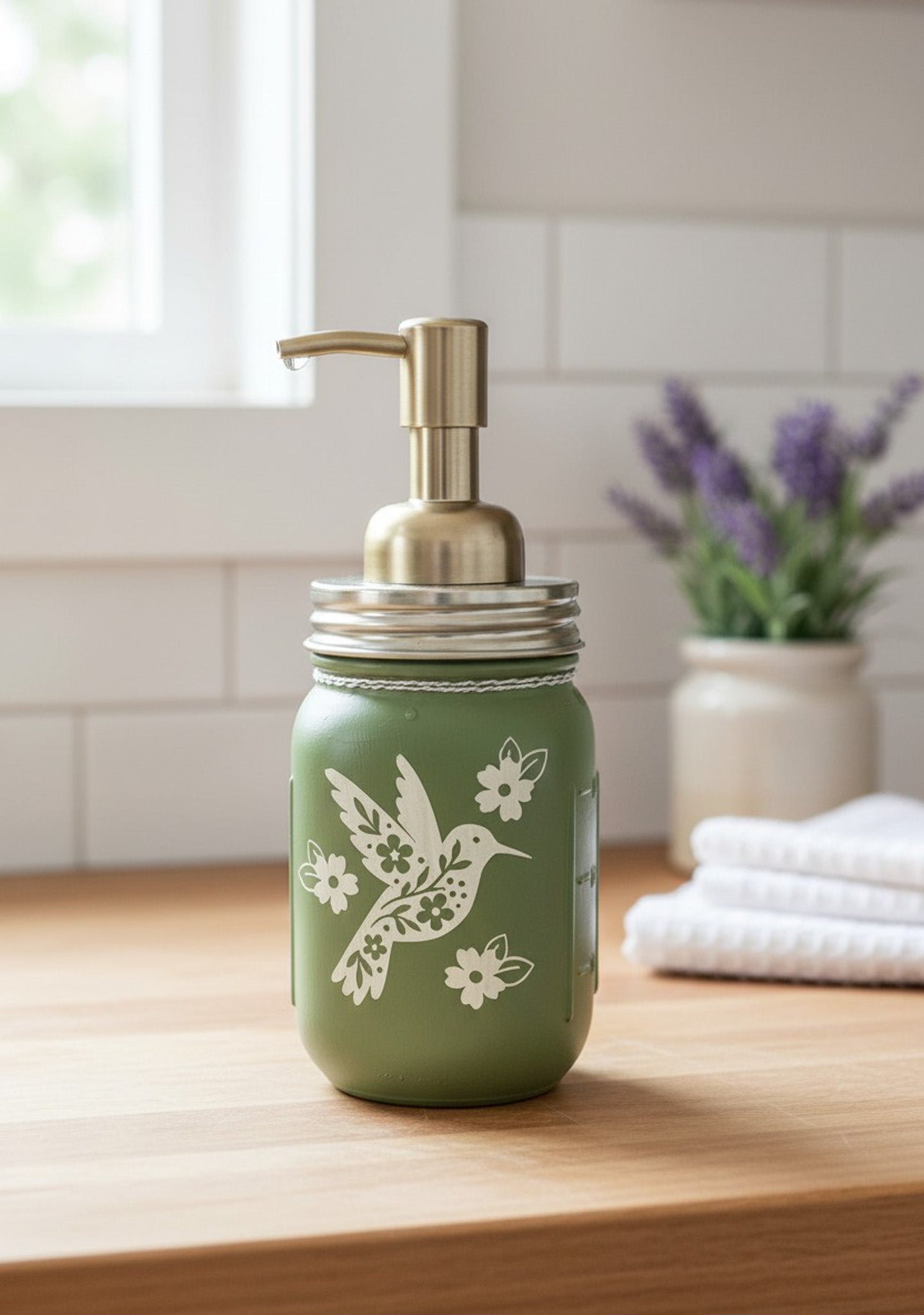 Hummingbird Mason Jar soap dispenser with a decorative dispenser spout, farmhouse style, by Farmhouse Whimsy.